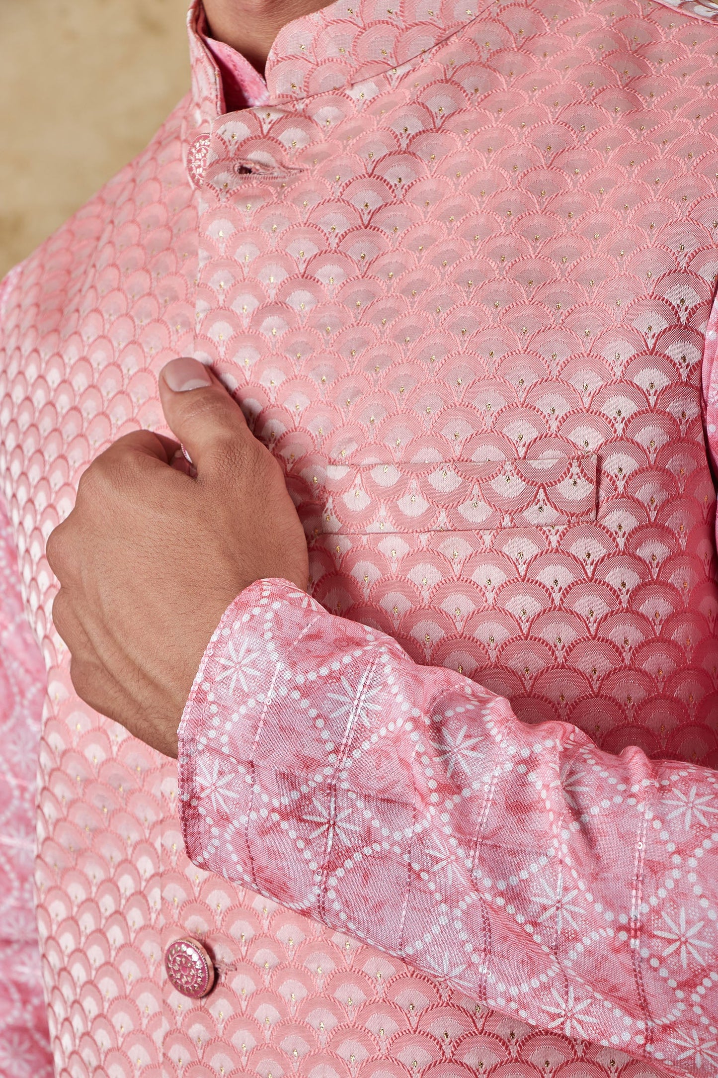 Bluesaanchi Men's Jacquard Pink Waistcoat Kurta Pajama Set | Swadesiicart