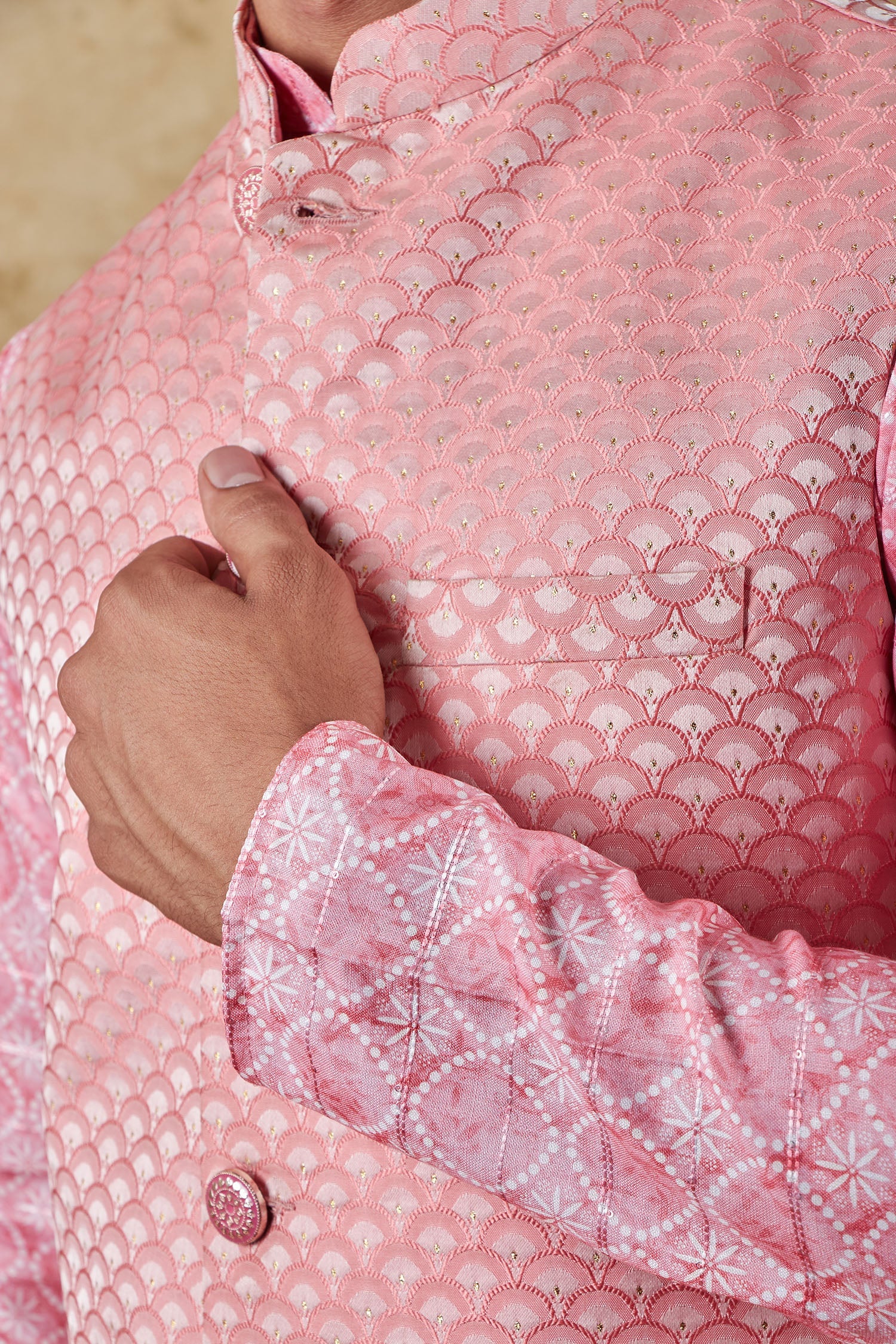 Bluesaanchi Men's Jacquard Pink Waistcoat Kurta Pajama Set | Swadesiicart