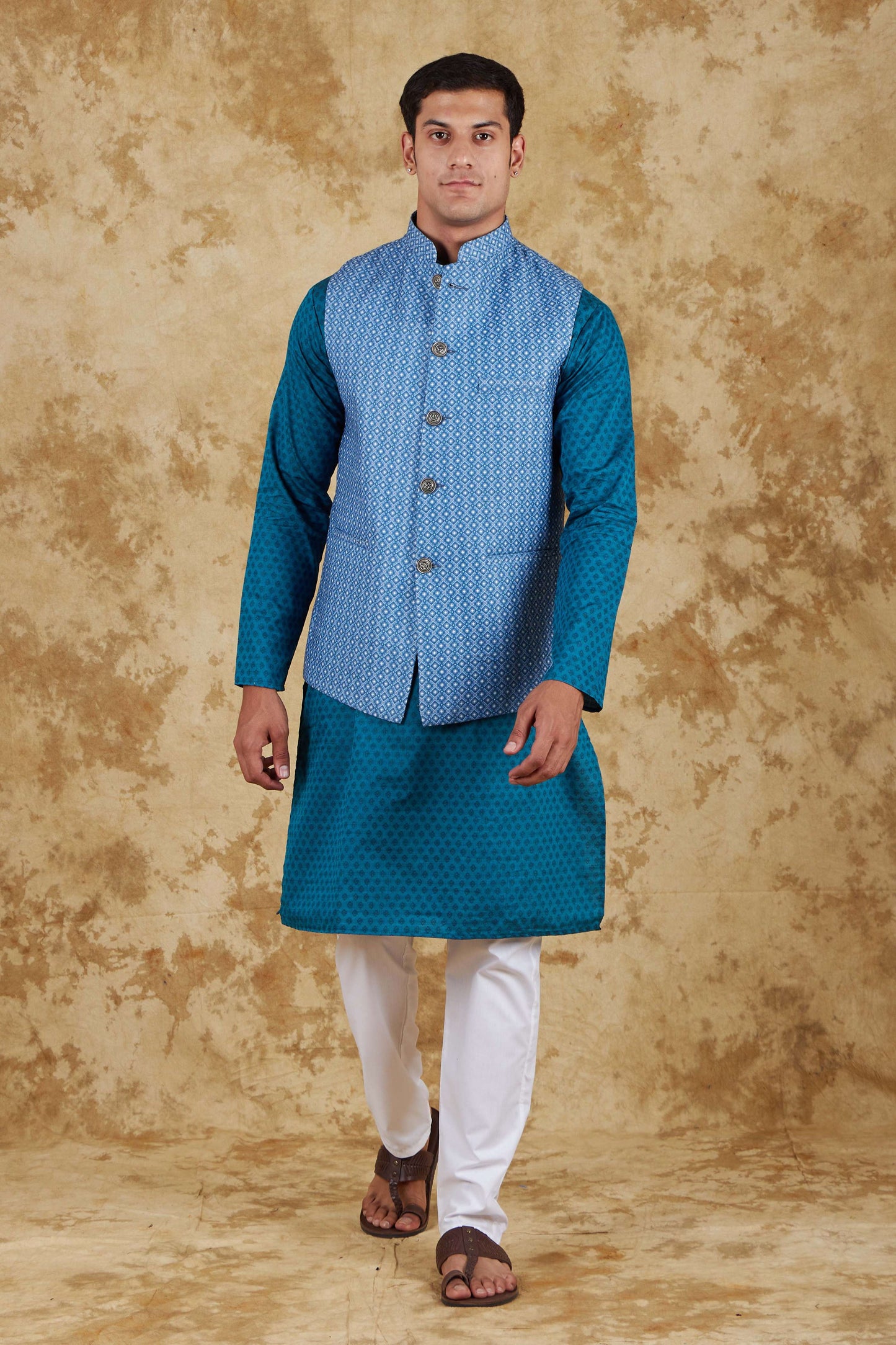 Bluesaanchi Men's Blue Waistcoat Kurta Pajama Set | Swadesiicart