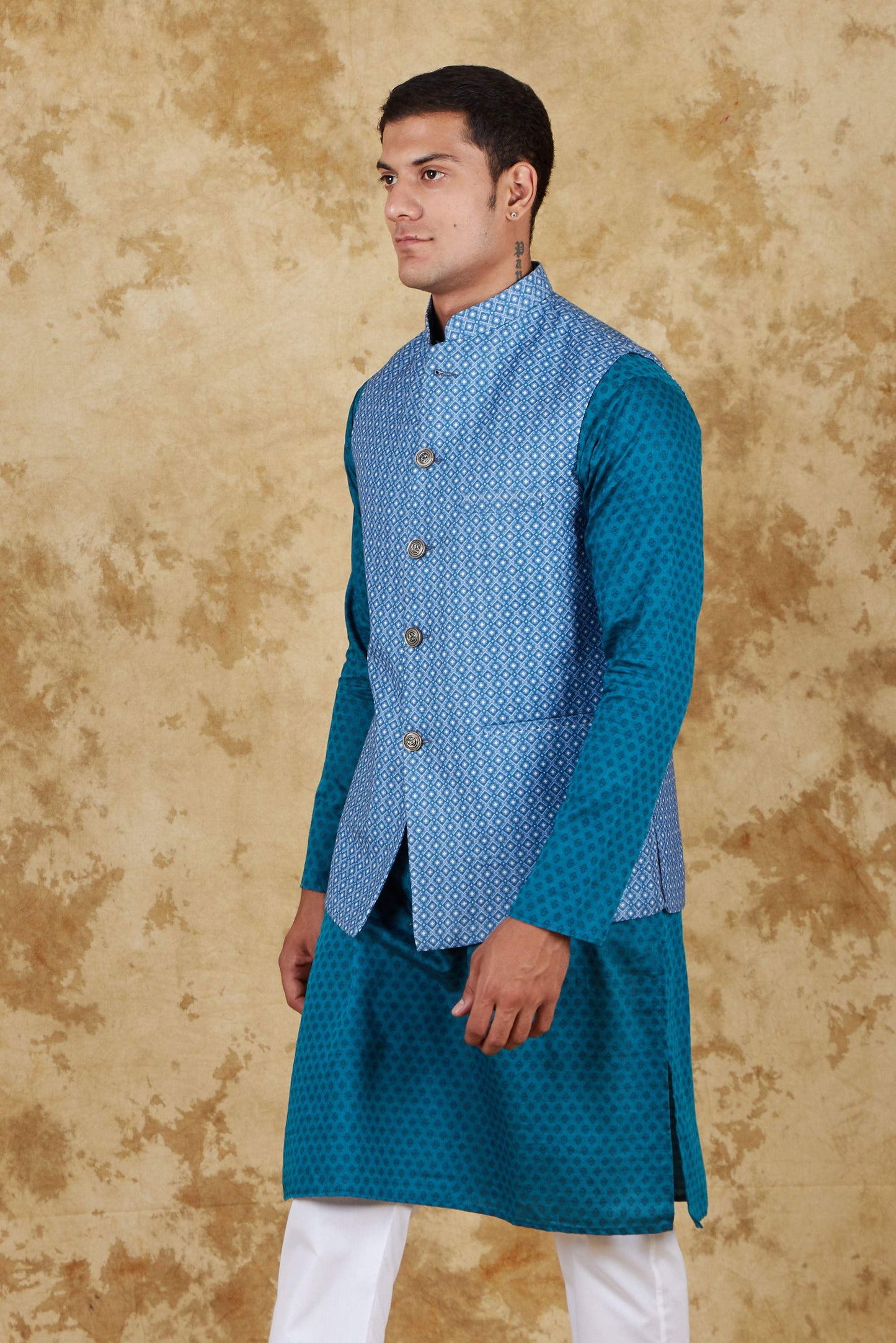 Bluesaanchi Men's Blue Waistcoat Kurta Pajama Set | Swadesiicart