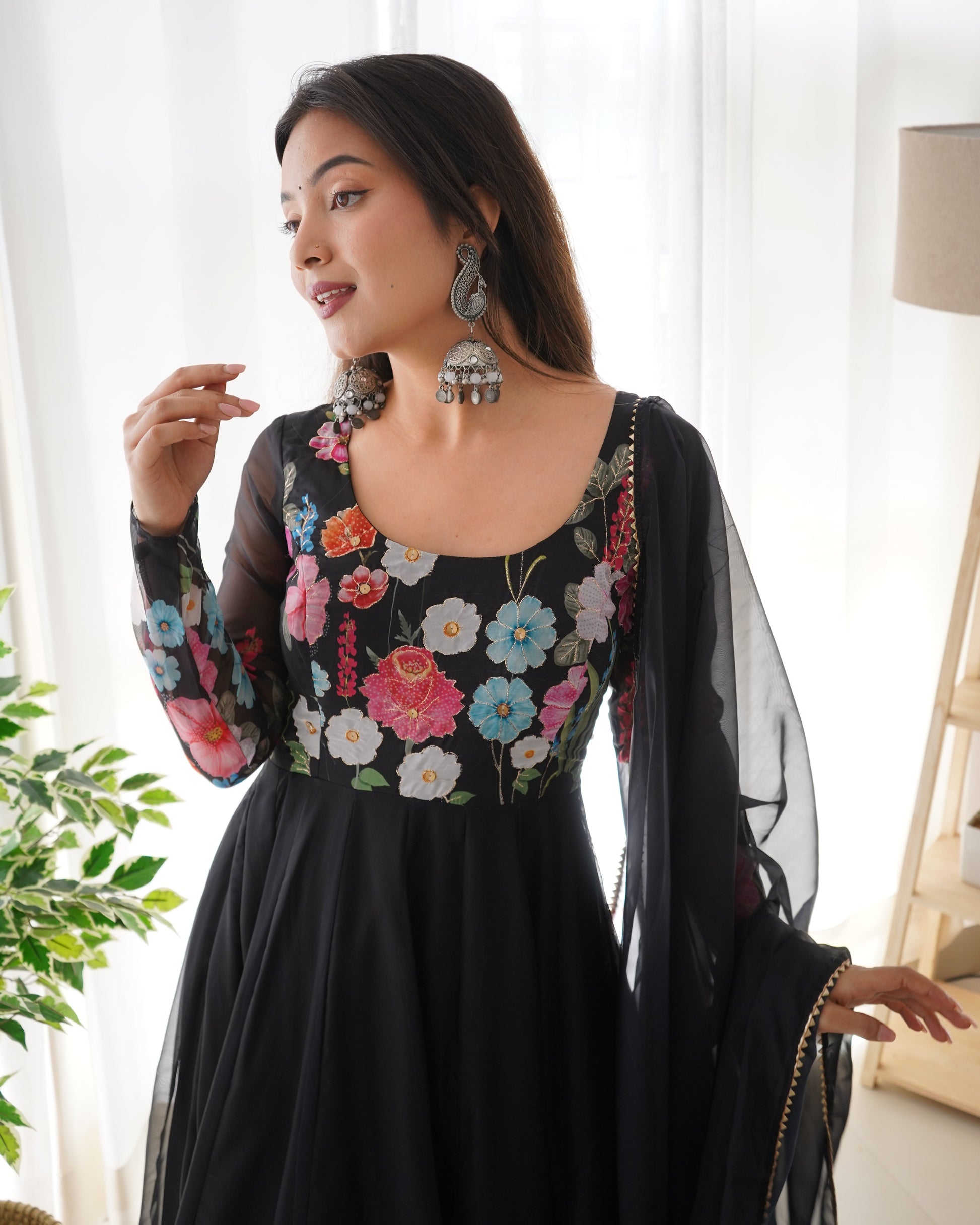 Lorenvalley Fashion Black Soft Organza Silk With Floral Print Fully Flared Anarkali Pant With Dupatta Set - Black | Swadesiicart