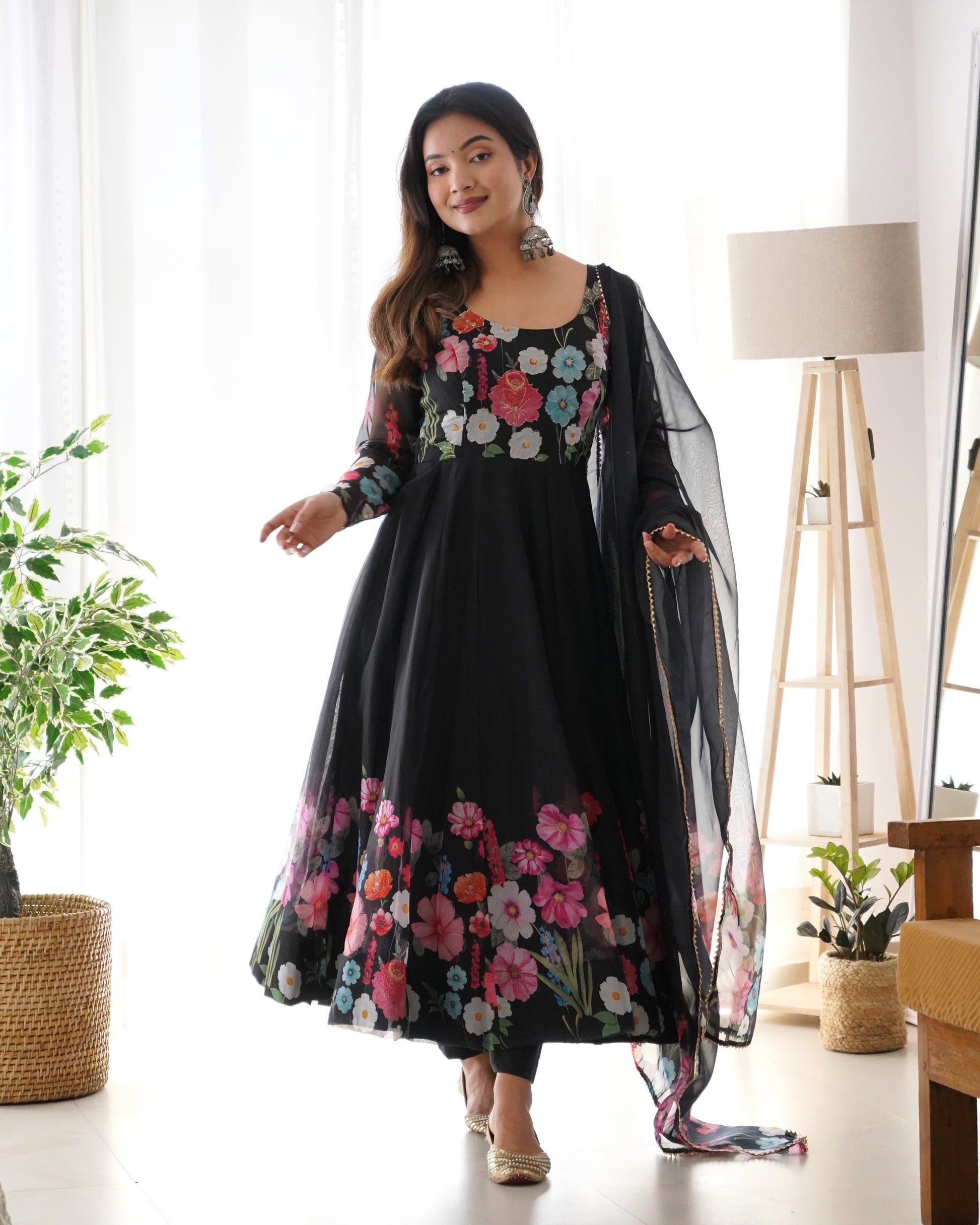 Lorenvalley Fashion Black Soft Organza Silk With Floral Print Fully Flared Anarkali Pant With Dupatta Set - Black | Swadesiicart