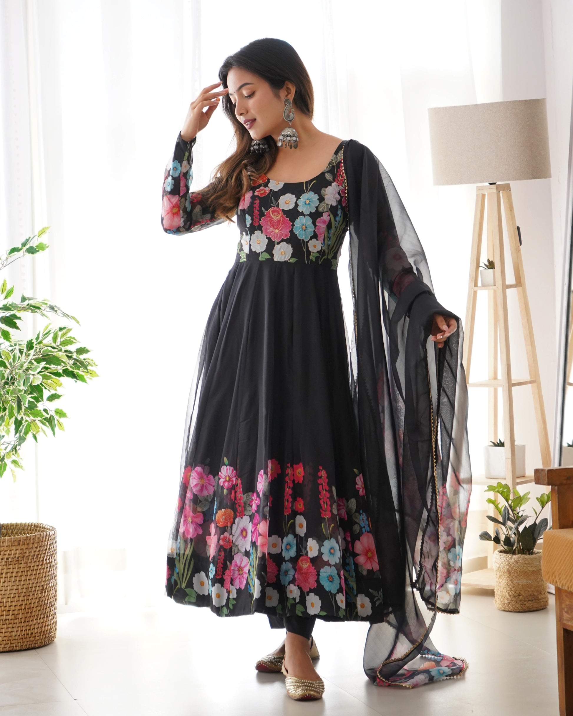 Lorenvalley Fashion Black Soft Organza Silk With Floral Print Fully Flared Anarkali Pant With Dupatta Set - Black | Swadesiicart
