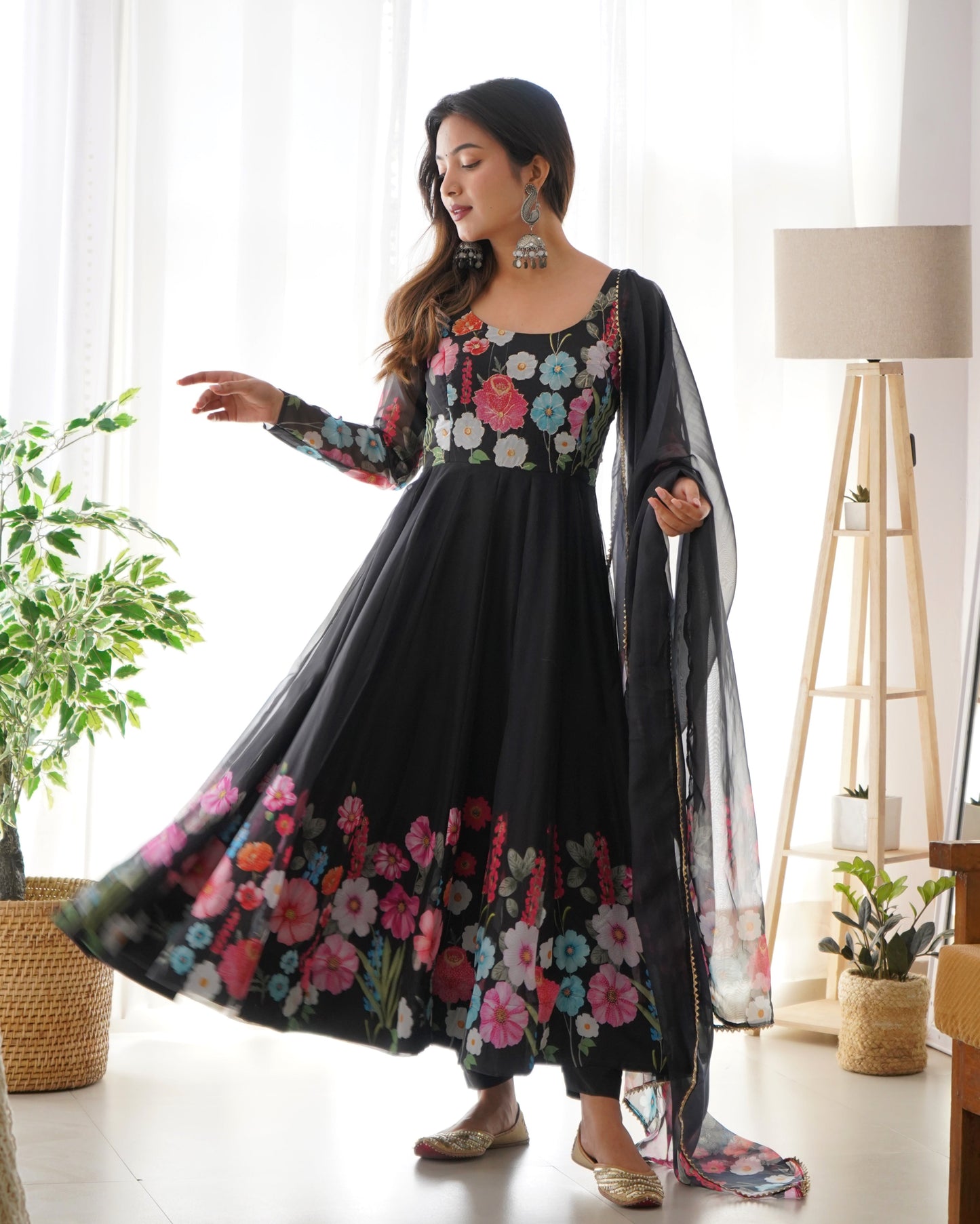 Lorenvalley Fashion Black Soft Organza Silk With Floral Print Fully Flared Anarkali Pant With Dupatta Set - Black | Swadesiicart