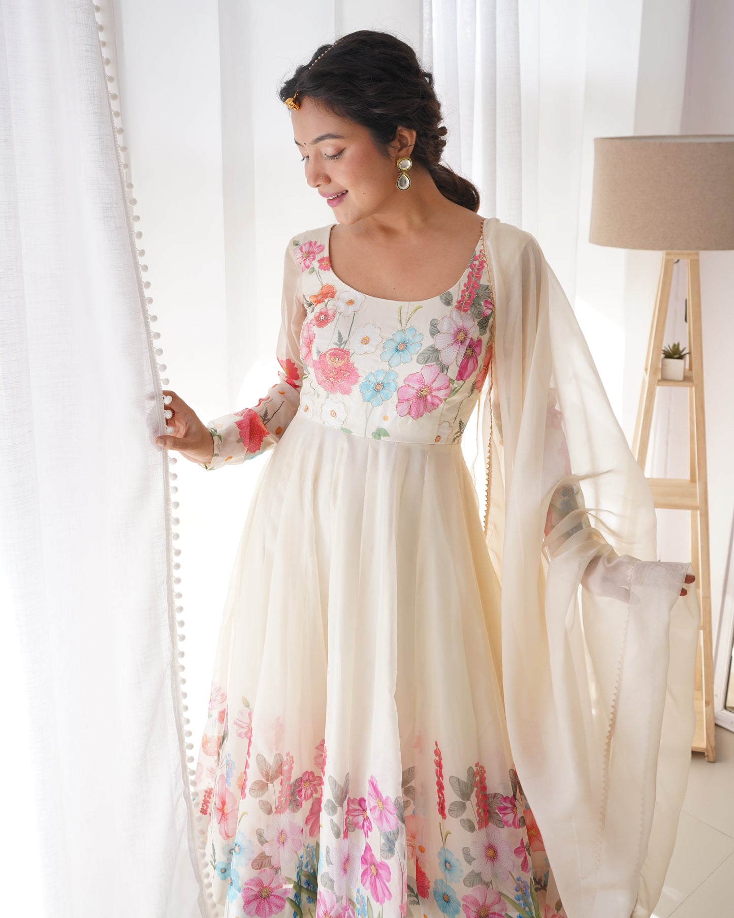 Lorenvalley Fashion Cream Soft Organza Silk With Floral Print Fully Flared Anarkali Pant With Dupatta Set - Cream | Swadesiicart