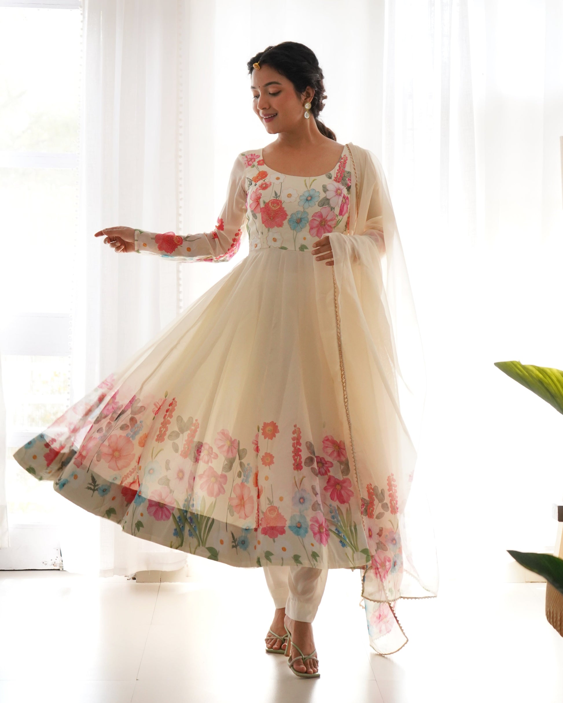 Lorenvalley Fashion Cream Soft Organza Silk With Floral Print Fully Flared Anarkali Pant With Dupatta Set - Cream | Swadesiicart