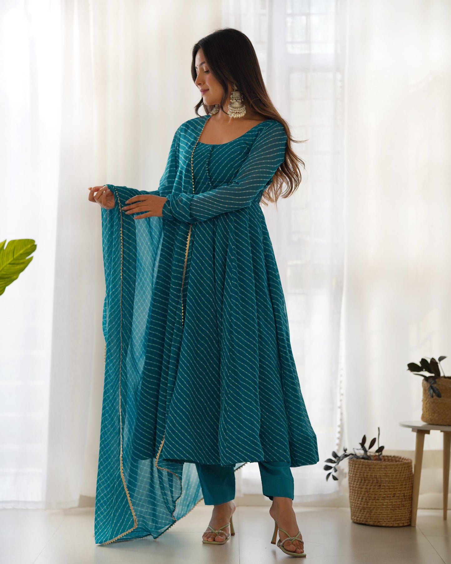 Lorenvalley Fashion Women Pure Soft Faux Georgette Laheriya Print Fully Flair Anarkali Kurta Pant With Dupatta Set - Rama | Swadesiicart