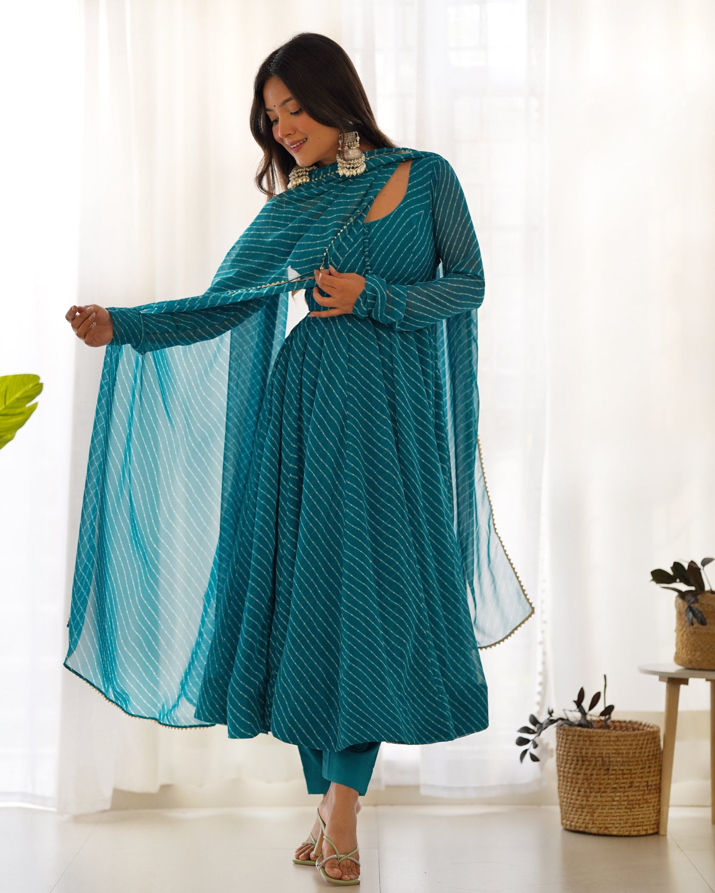 Lorenvalley Fashion Women Pure Soft Faux Georgette Laheriya Print Fully Flair Anarkali Kurta Pant With Dupatta Set - Rama | Swadesiicart