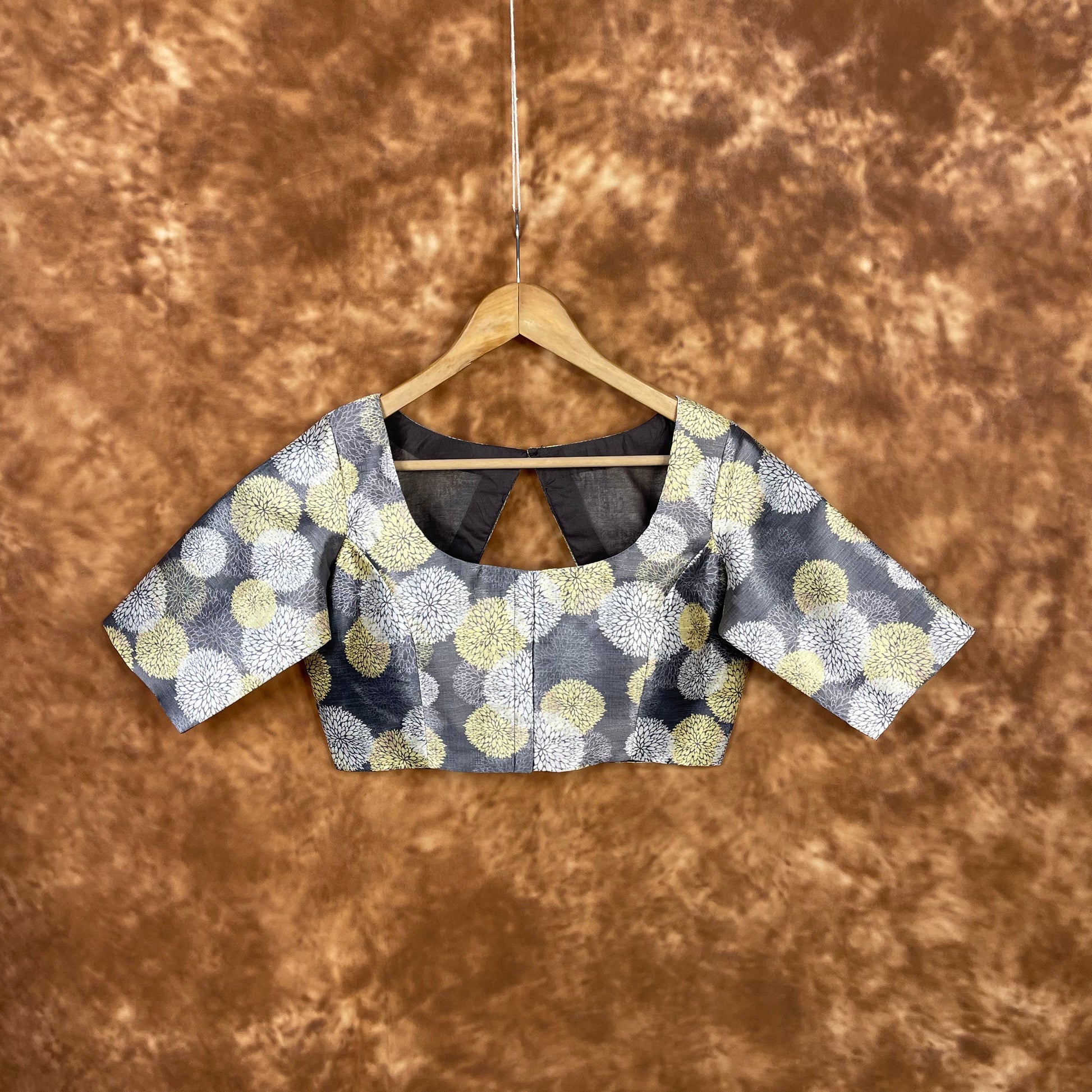 Multi Print Facade Ash Grey Coloured Silk Ready to Wear Blouse - kapda Tailor | Swadesiicart