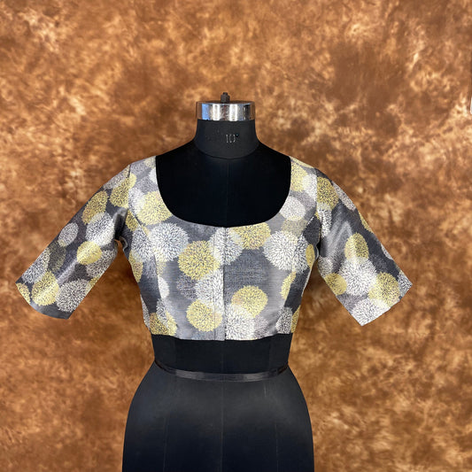 Multi Print Facade Ash Grey Coloured Silk Ready to Wear Blouse - kapda Tailor | Swadesiicart