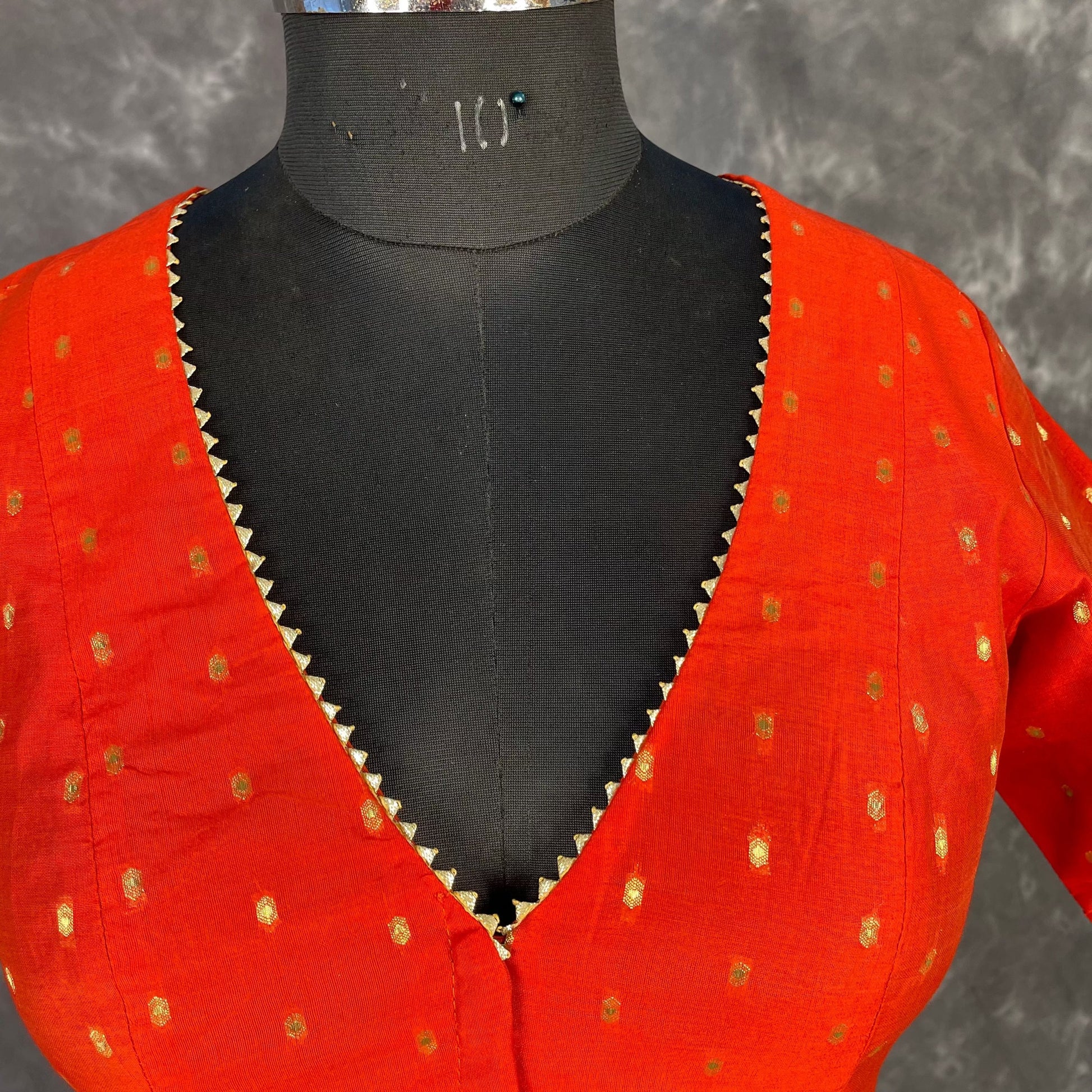 Rakhtbeej Medium Burnt Orange Coloured Chanderi with Gold Butta Weaving Ready to Wear Blouse - kapda Tailor | Swadesiicart