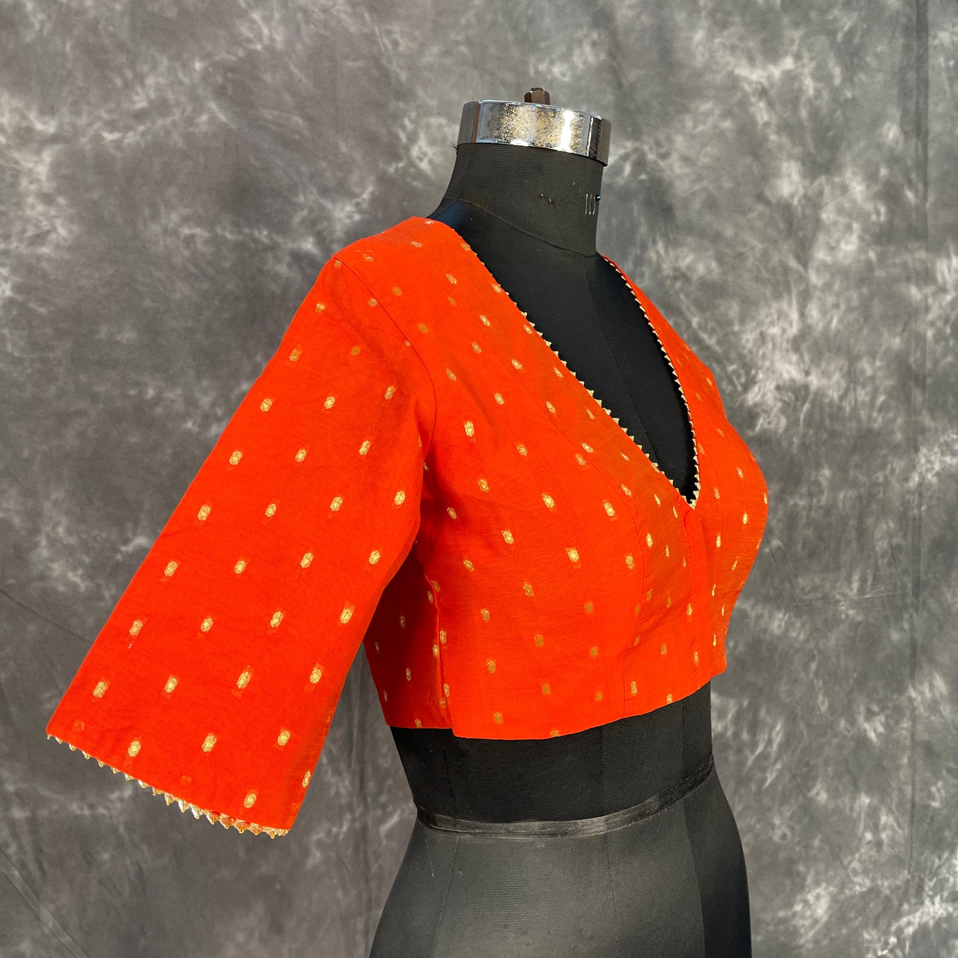 Rakhtbeej Medium Burnt Orange Coloured Chanderi with Gold Butta Weaving Ready to Wear Blouse - kapda Tailor | Swadesiicart