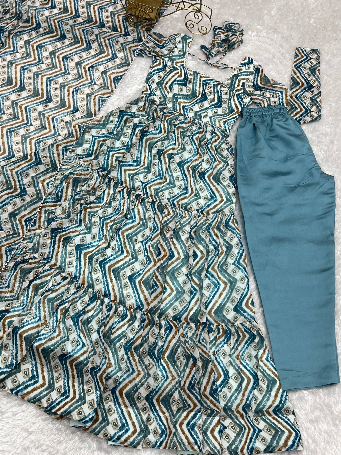 Lorenvalley Fashion Skyblue Pure Faux Georgette Zigzag Print Fully Flair Anarkali Pant With Dupatta - Skyblue | Swadesiicart