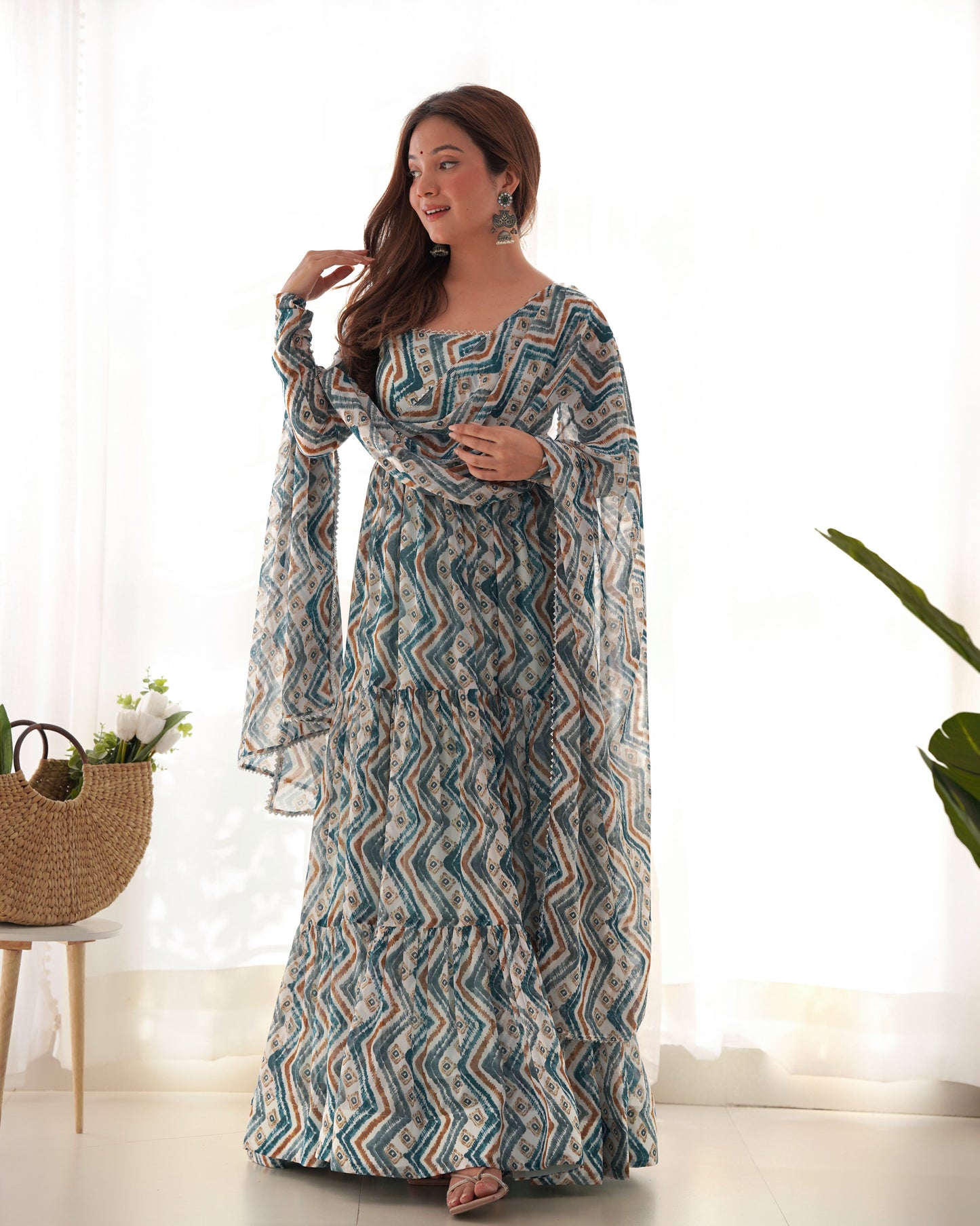 Lorenvalley Fashion Skyblue Pure Faux Georgette Zigzag Print Fully Flair Anarkali Pant With Dupatta - Skyblue | Swadesiicart