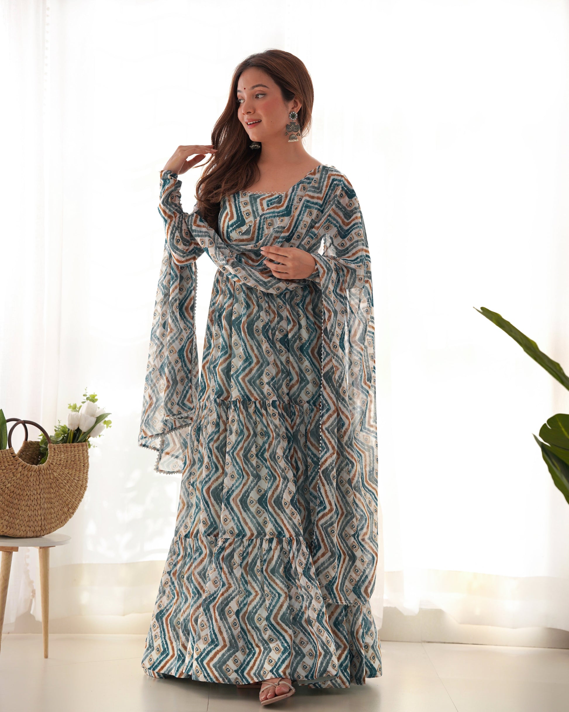 Lorenvalley Fashion Skyblue Pure Faux Georgette Zigzag Print Fully Flair Anarkali Pant With Dupatta - Skyblue | Swadesiicart