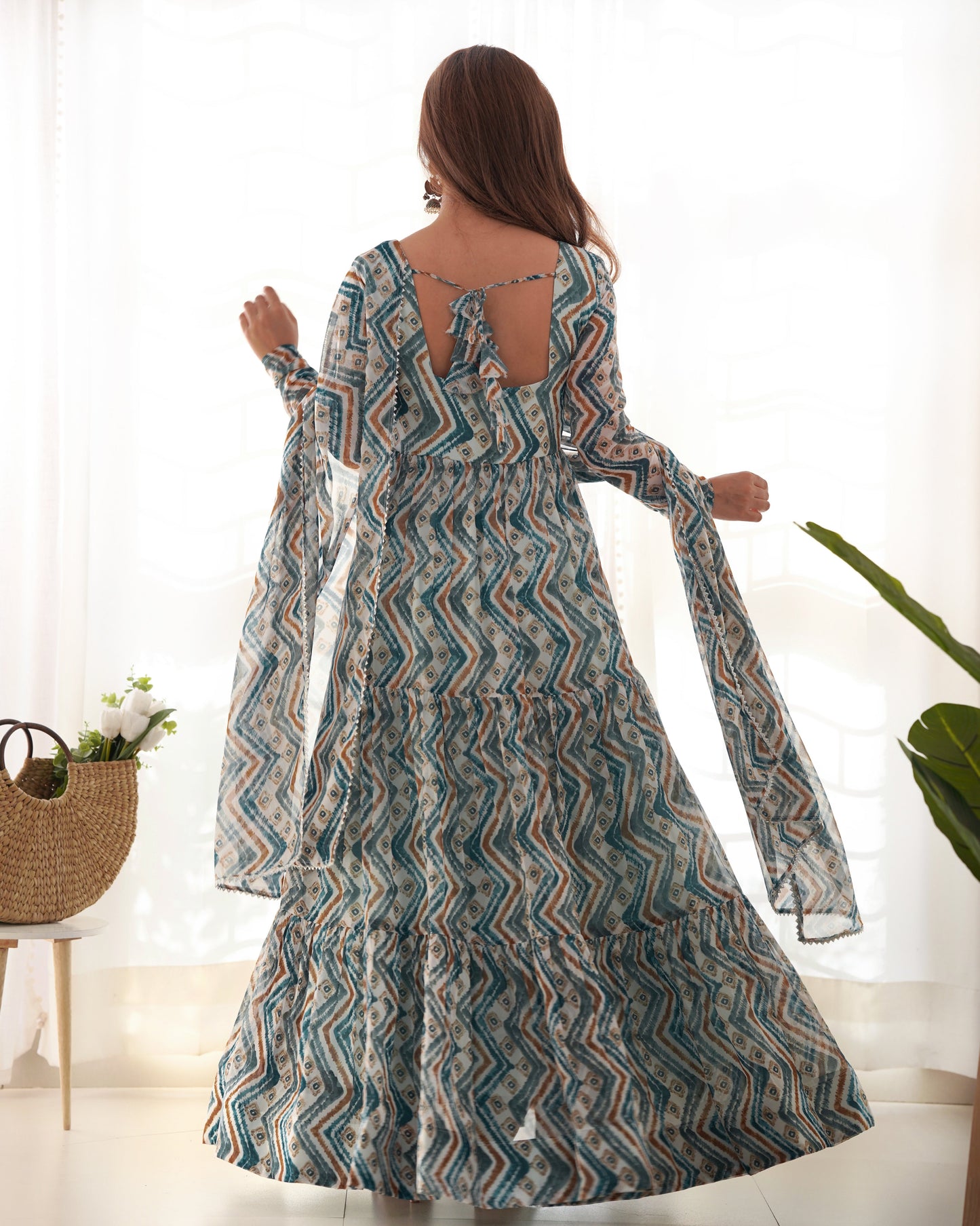 Lorenvalley Fashion Skyblue Pure Faux Georgette Zigzag Print Fully Flair Anarkali Pant With Dupatta - Skyblue | Swadesiicart