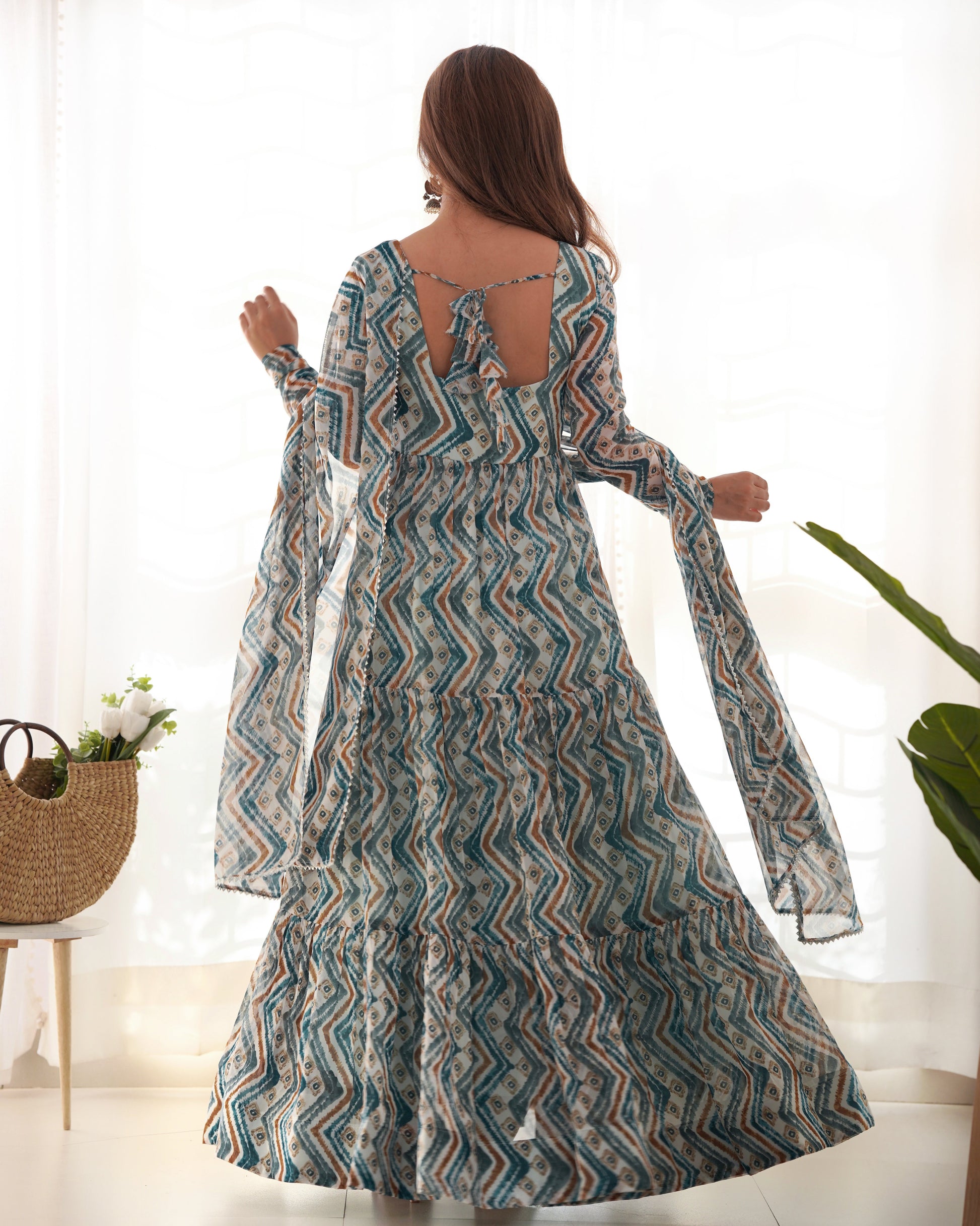 Lorenvalley Fashion Skyblue Pure Faux Georgette Zigzag Print Fully Flair Anarkali Pant With Dupatta - Skyblue | Swadesiicart