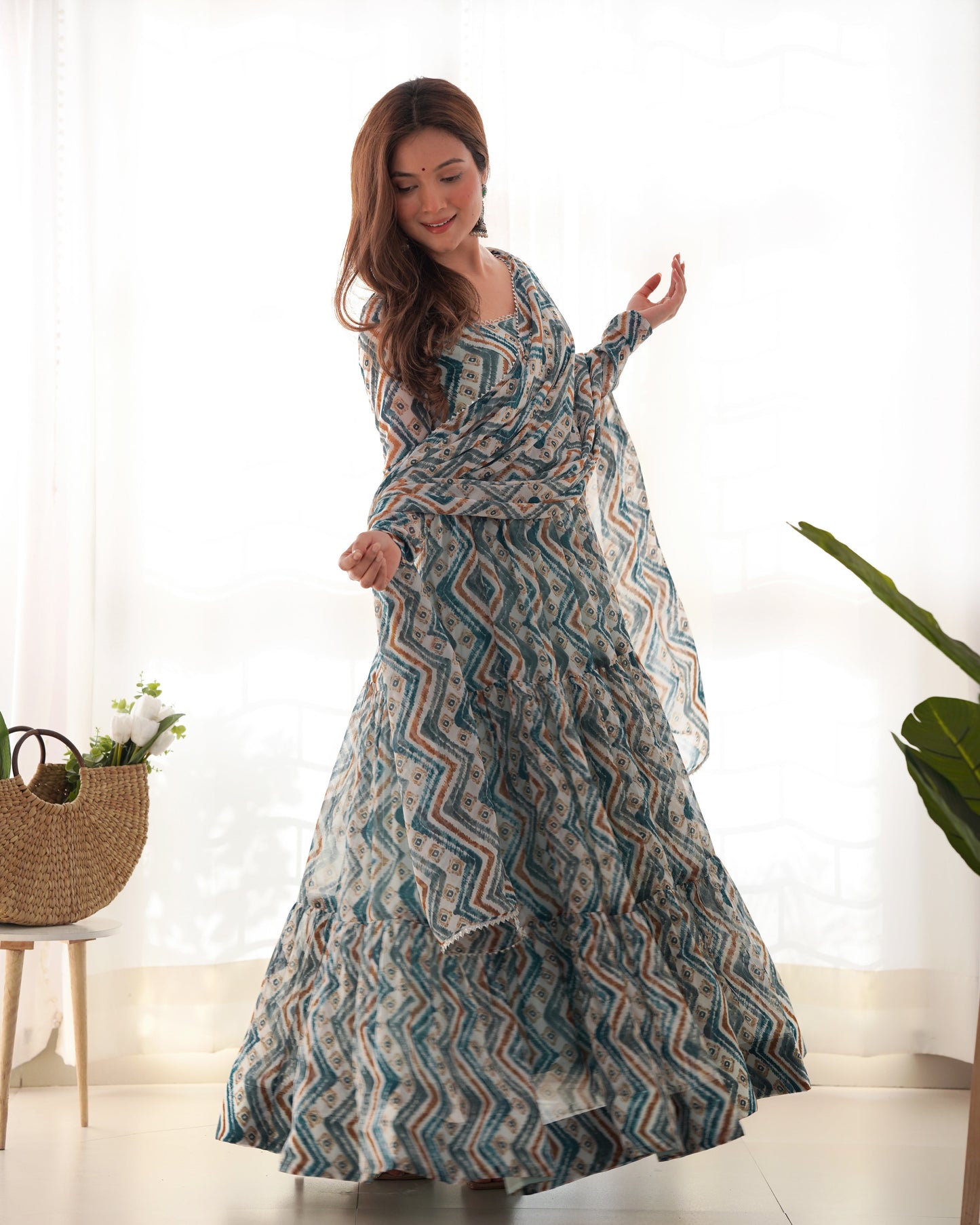 Lorenvalley Fashion Skyblue Pure Faux Georgette Zigzag Print Fully Flair Anarkali Pant With Dupatta - Skyblue | Swadesiicart