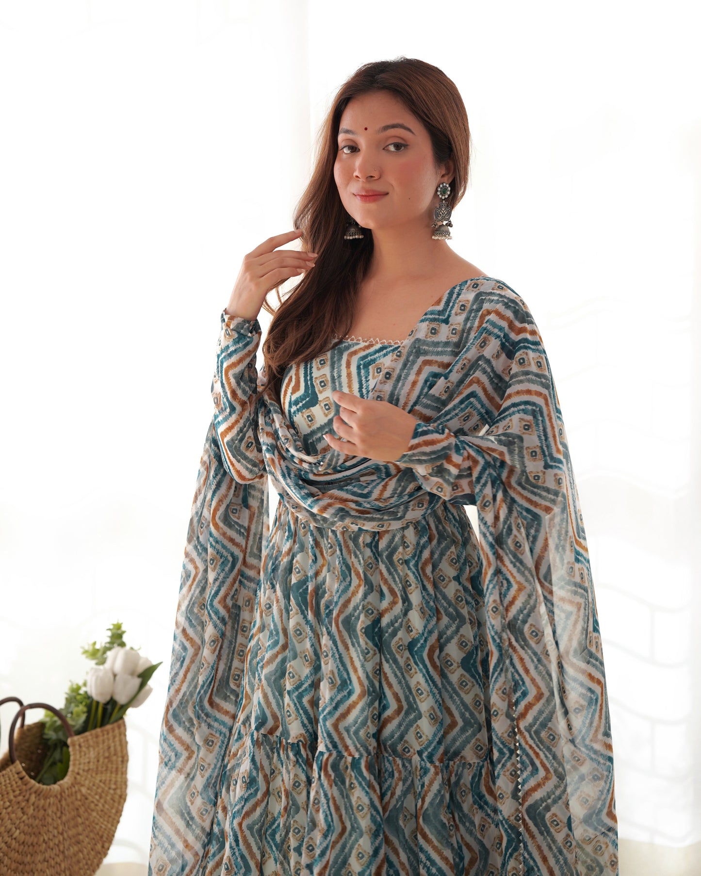 Lorenvalley Fashion Skyblue Pure Faux Georgette Zigzag Print Fully Flair Anarkali Pant With Dupatta - Skyblue | Swadesiicart