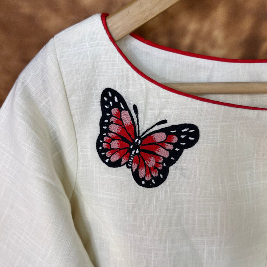 Butterfly Nector Off White Coloured Slub Cotton Ready to Wear Blouse - kapda Tailor | Swadesiicart