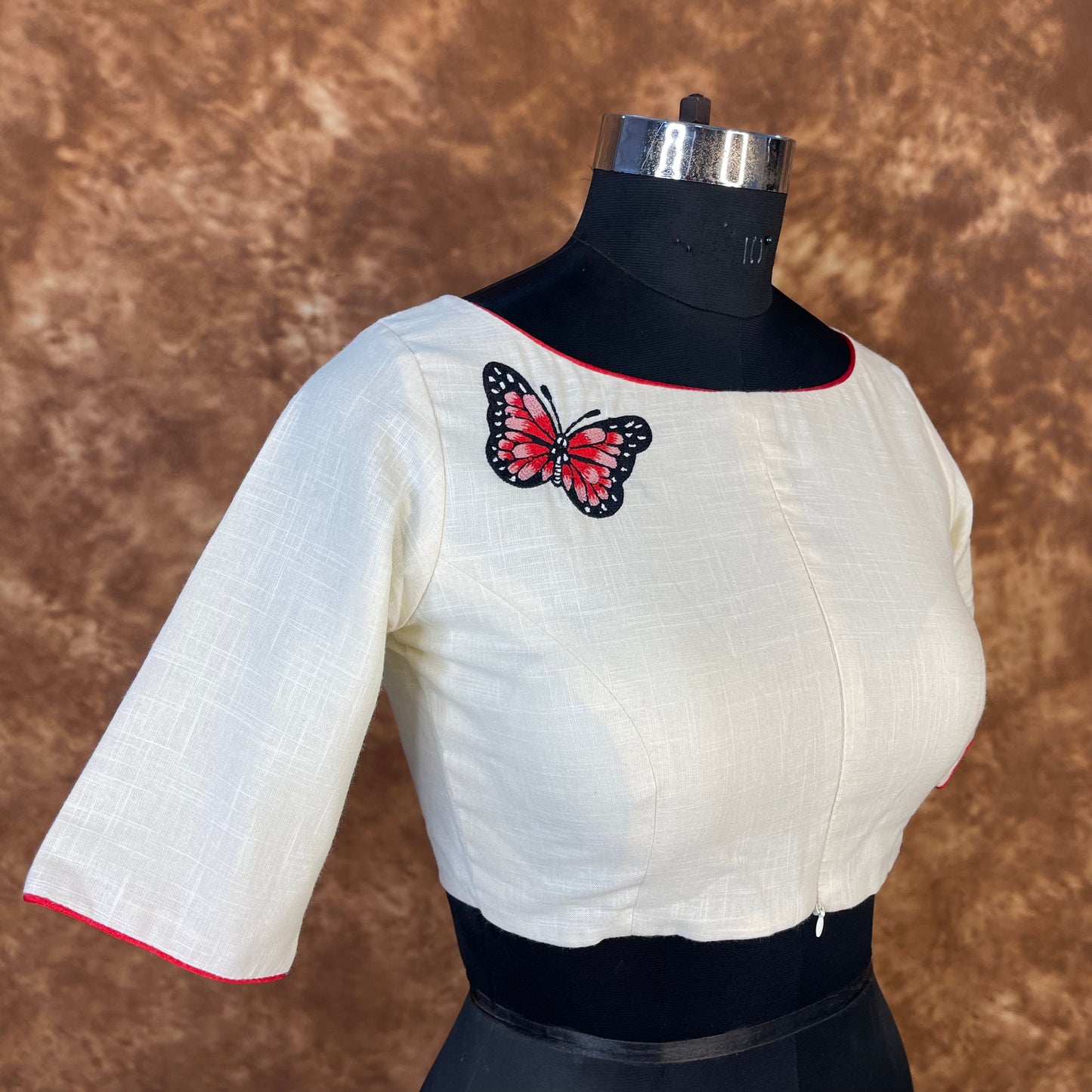 Butterfly Nector Off White Coloured Slub Cotton Ready to Wear Blouse - kapda Tailor | Swadesiicart