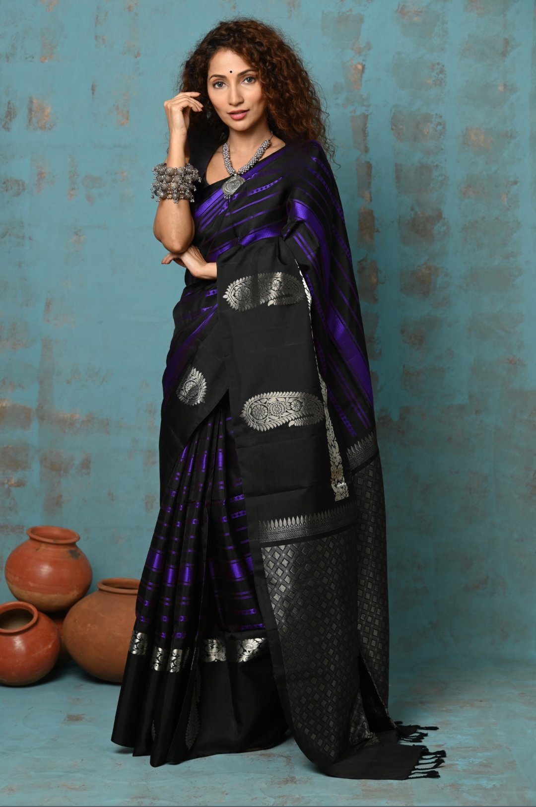 Very Much Indian Anokhi - Handloom Pure Silk Designer Saree - Black and Purple Designer (Limited Edition) | Swadesiicart