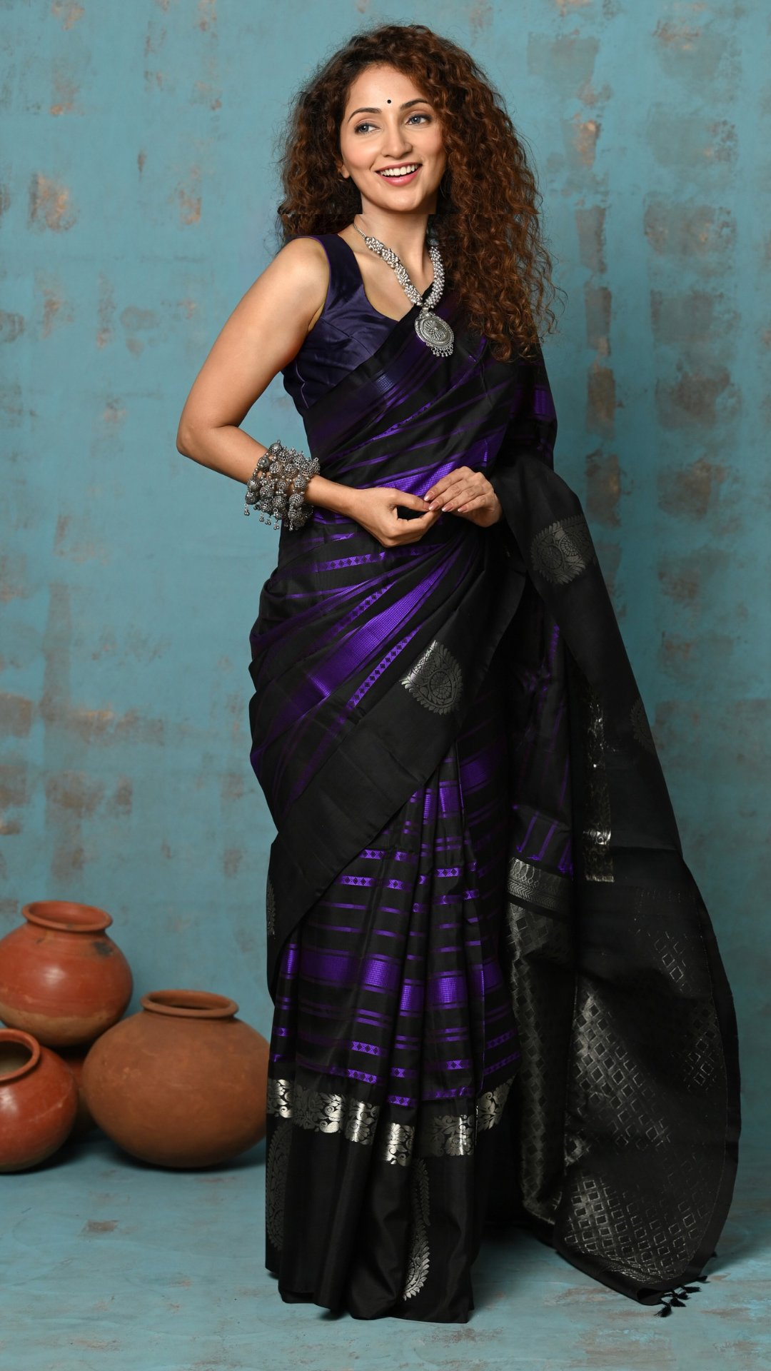 Very Much Indian Anokhi - Handloom Pure Silk Designer Saree - Black and Purple Designer (Limited Edition) | Swadesiicart