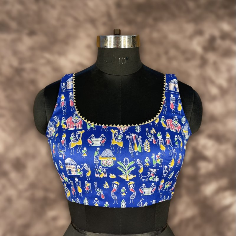 Ishiqiya Blue Blue Coloured Art Row Silk Ready to Wear Blouse - kapda Tailor | Swadesiicart