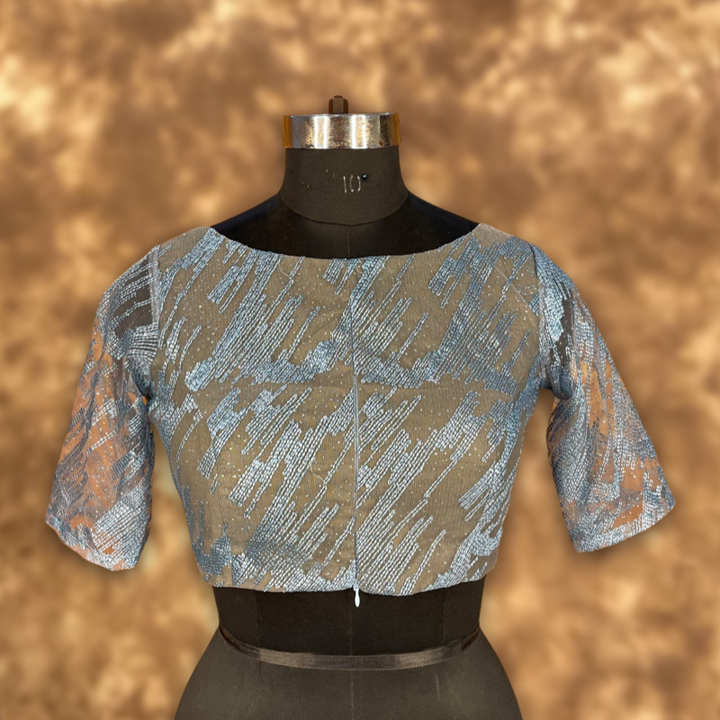 Rubbed Fine Art Sky Gry Coloured Net With Embroidrey Ready to Wear Blouse - kapda Tailor | Swadesiicart