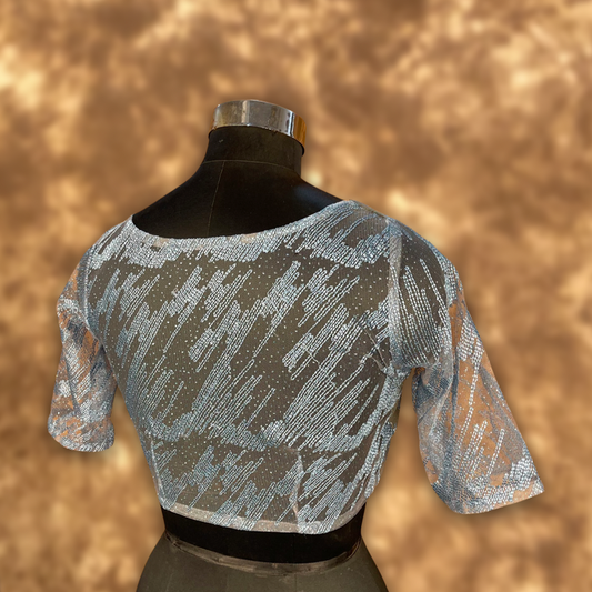 Rubbed Fine Art Sky Gry Coloured Net With Embroidrey Ready to Wear Blouse - kapda Tailor | Swadesiicart