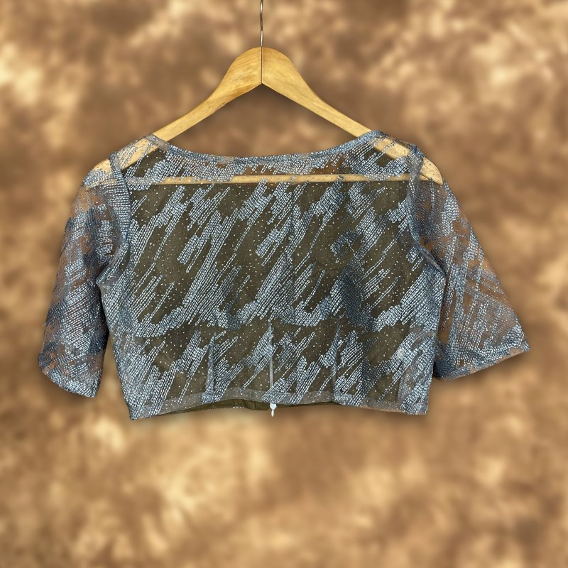 Rubbed Fine Art Sky Gry Coloured Net With Embroidrey Ready to Wear Blouse - kapda Tailor | Swadesiicart
