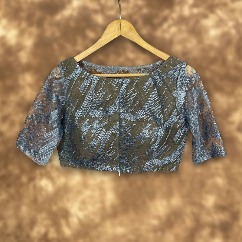 Rubbed Fine Art Sky Gry Coloured Net With Embroidrey Ready to Wear Blouse - kapda Tailor | Swadesiicart