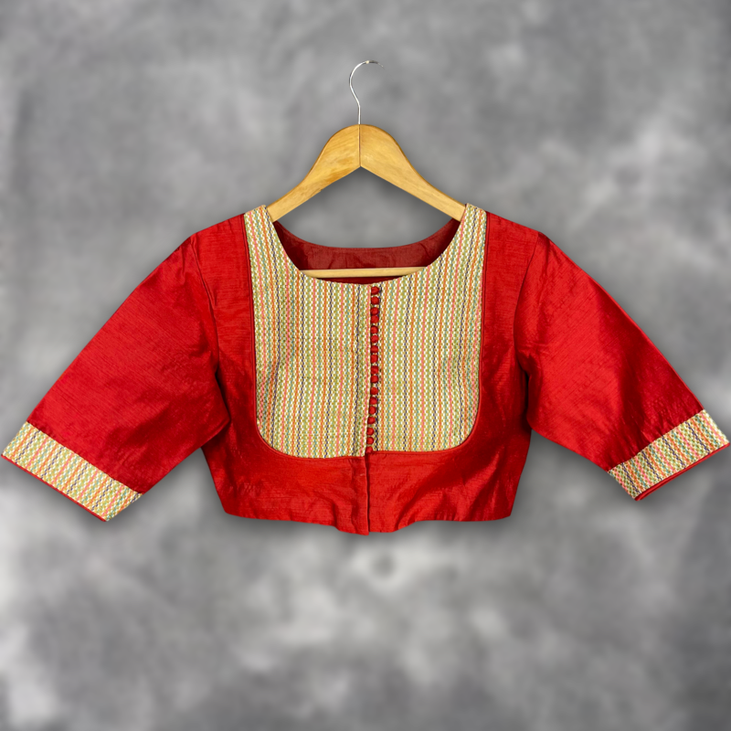 Tradition Reloded Red/Gold Coloured Chanderi Silk / Brocket Ready to Wear Blouse - kapda Tailor | Swadesiicart