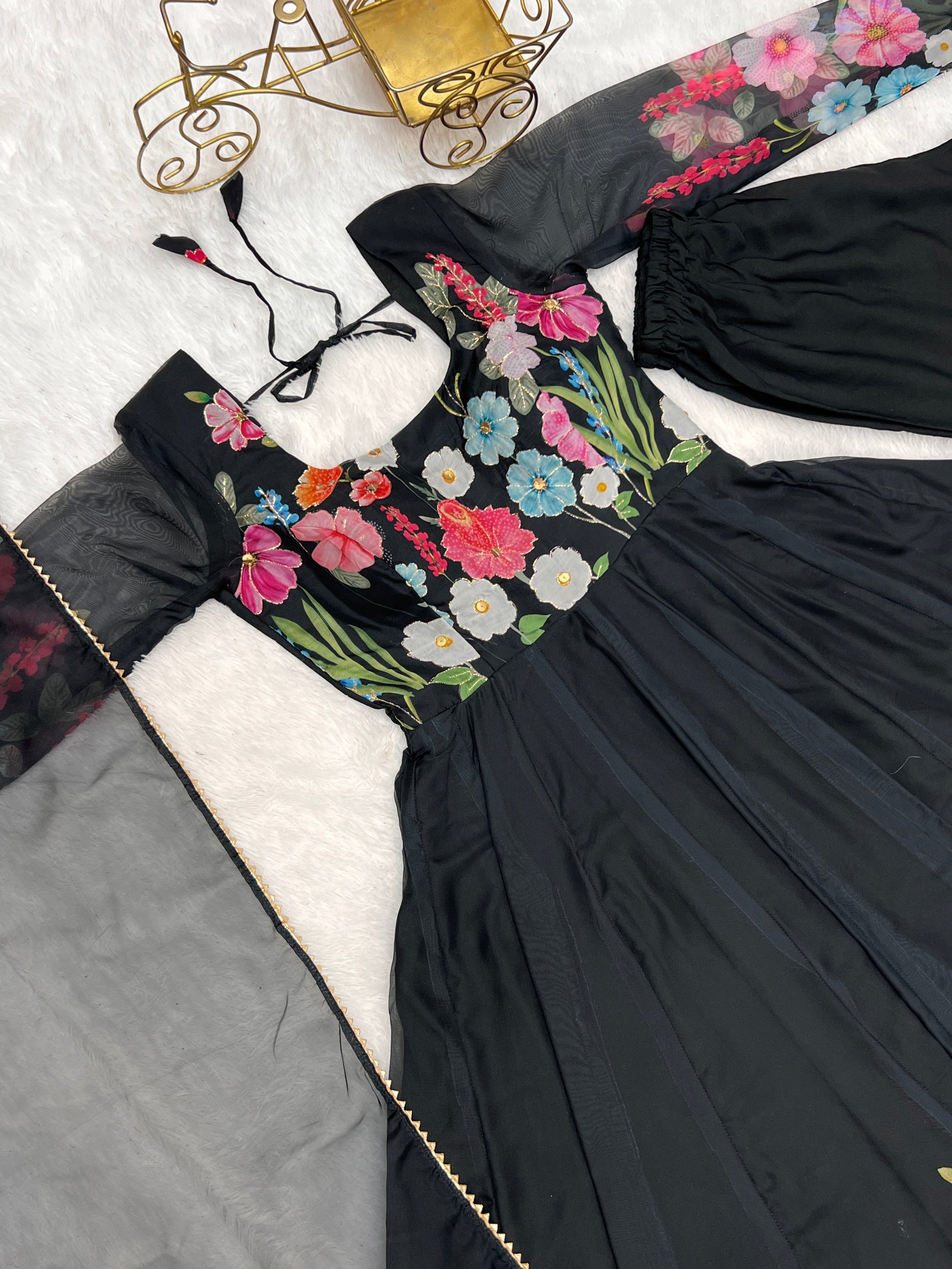 Lorenvalley Fashion Black Soft Organza Silk With Floral Print Fully Flared Anarkali Pant With Dupatta Set - Black | Swadesiicart