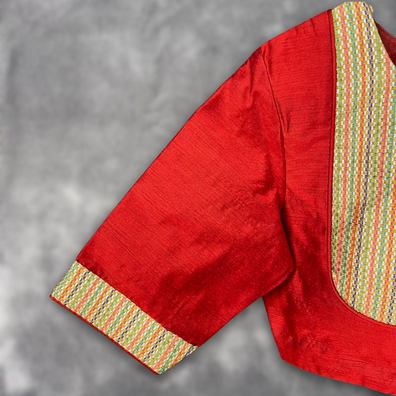 Tradition Reloded Red/Gold Coloured Chanderi Silk / Brocket Ready to Wear Blouse - kapda Tailor | Swadesiicart