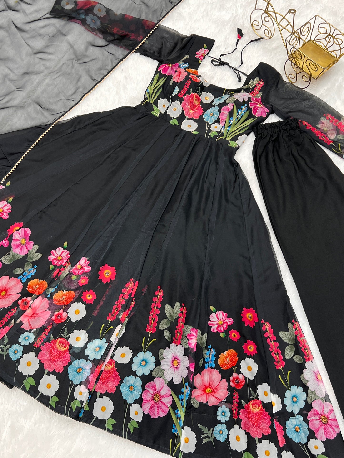 Lorenvalley Fashion Black Soft Organza Silk With Floral Print Fully Flared Anarkali Pant With Dupatta Set - Black | Swadesiicart