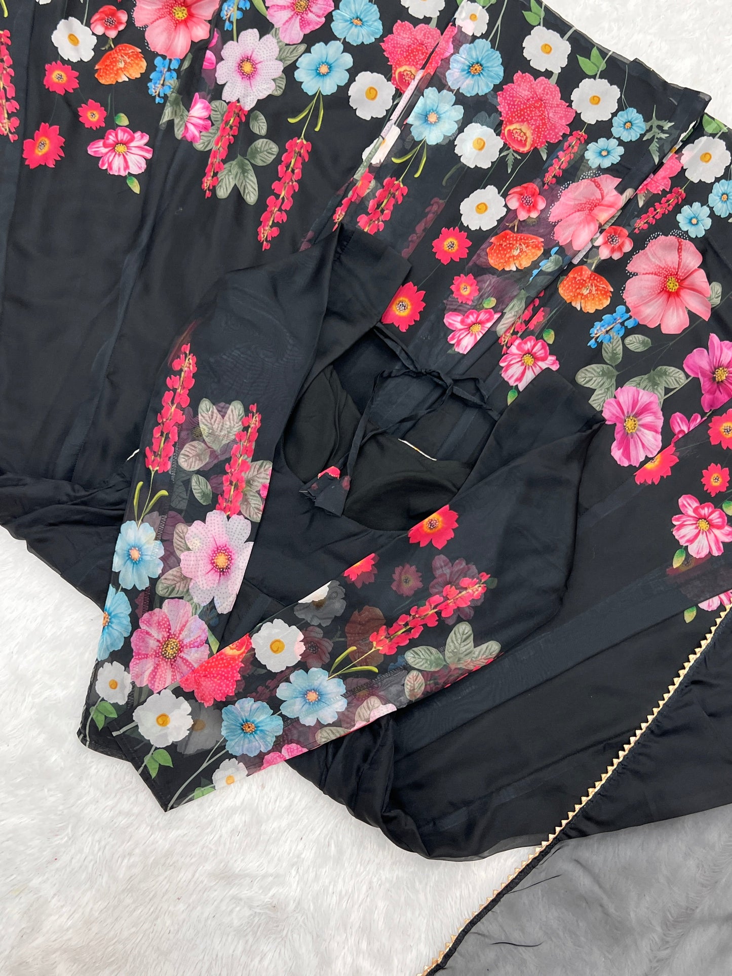 Lorenvalley Fashion Black Soft Organza Silk With Floral Print Fully Flared Anarkali Pant With Dupatta Set - Black | Swadesiicart