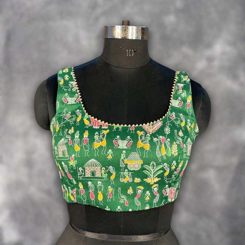 Dreamy Warli Green Coloured Art Row Silk Ready to Wear Blouse - kapda Tailor | Swadesiicart