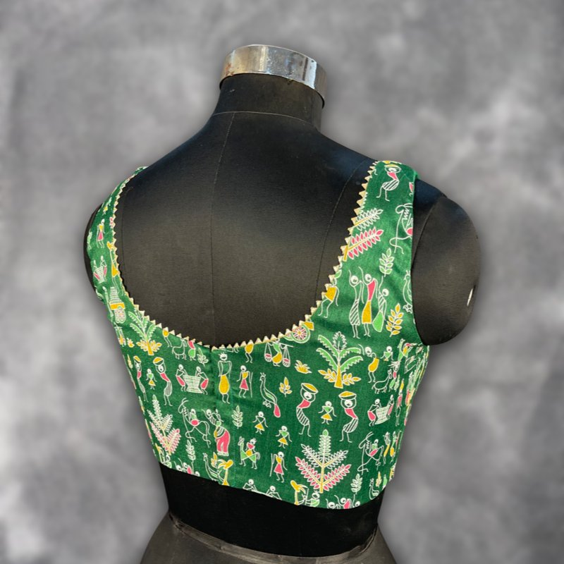 Dreamy Warli Green Coloured Art Row Silk Ready to Wear Blouse - kapda Tailor | Swadesiicart