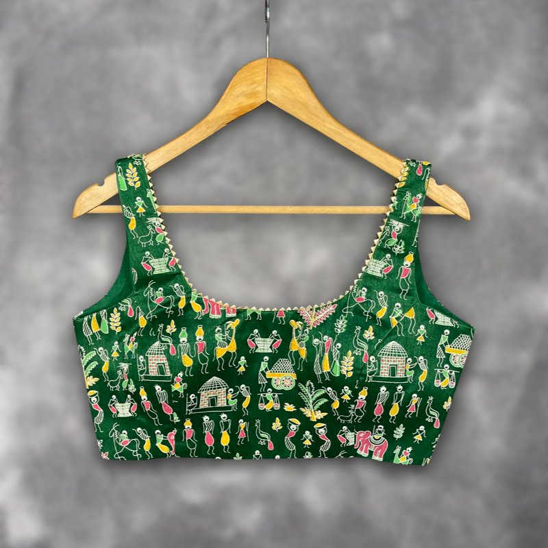 Dreamy Warli Green Coloured Art Row Silk Ready to Wear Blouse - kapda Tailor | Swadesiicart
