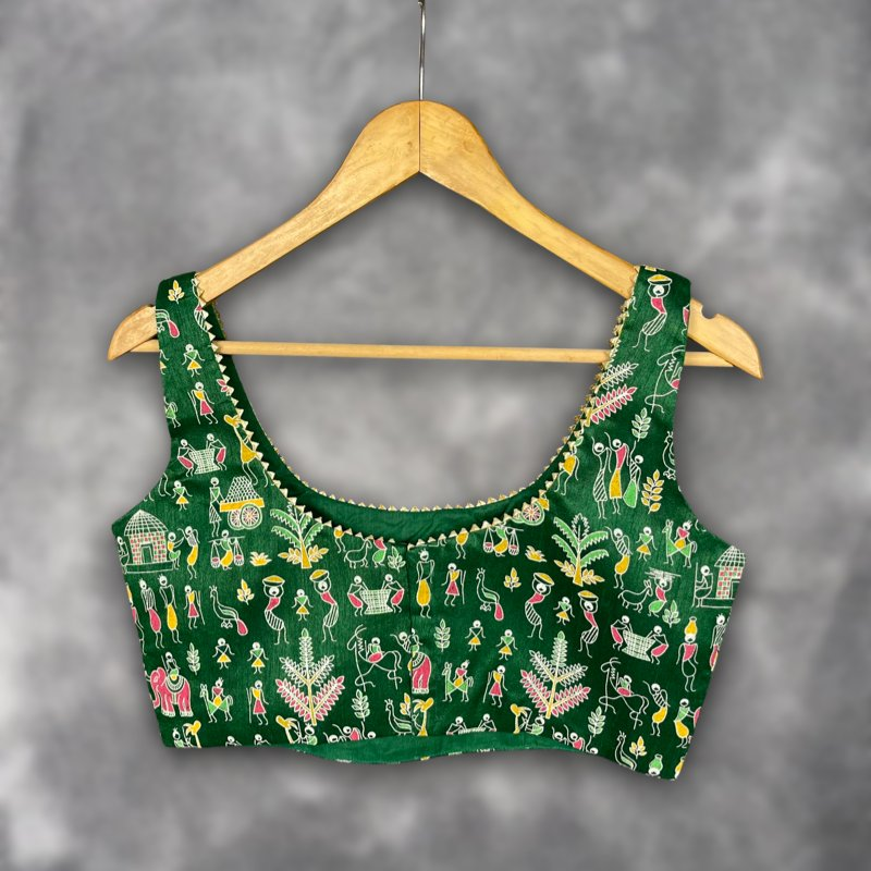 Dreamy Warli Green Coloured Art Row Silk Ready to Wear Blouse - kapda Tailor | Swadesiicart