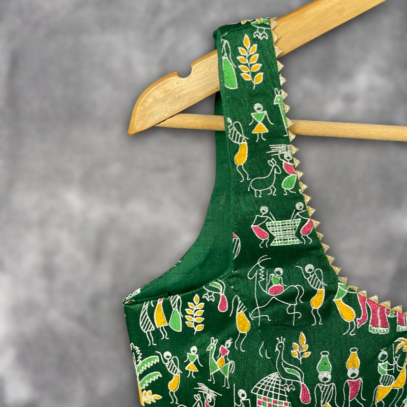 Dreamy Warli Green Coloured Art Row Silk Ready to Wear Blouse - kapda Tailor | Swadesiicart