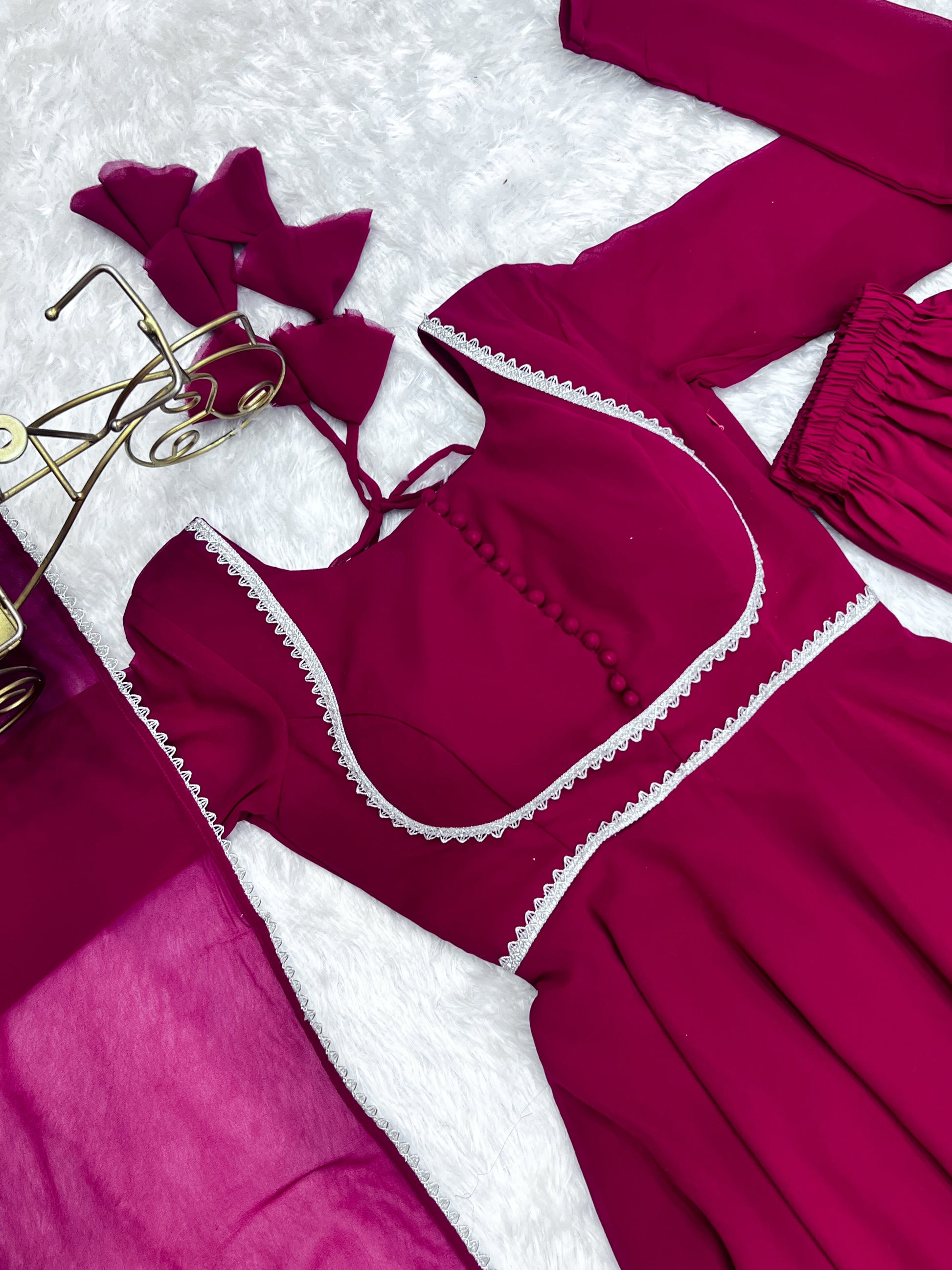 Lorenvalley Fashion Pink Georgette Anarkali Gown Dupatta Set With Pant Ready to Wear - Pink | Swadesiicart