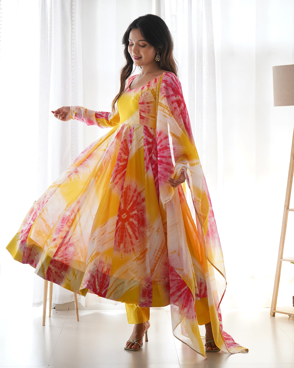 Lorenvalley Fashion Women Pure Soft Organza Silk Print With Kali Pattern Fully Flair Anarkali With Pant Dupatta Set - Yellow | Swadesiicart