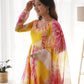 Lorenvalley Fashion Women Pure Soft Organza Silk Print With Kali Pattern Fully Flair Anarkali With Pant Dupatta Set - Yellow | Swadesiicart
