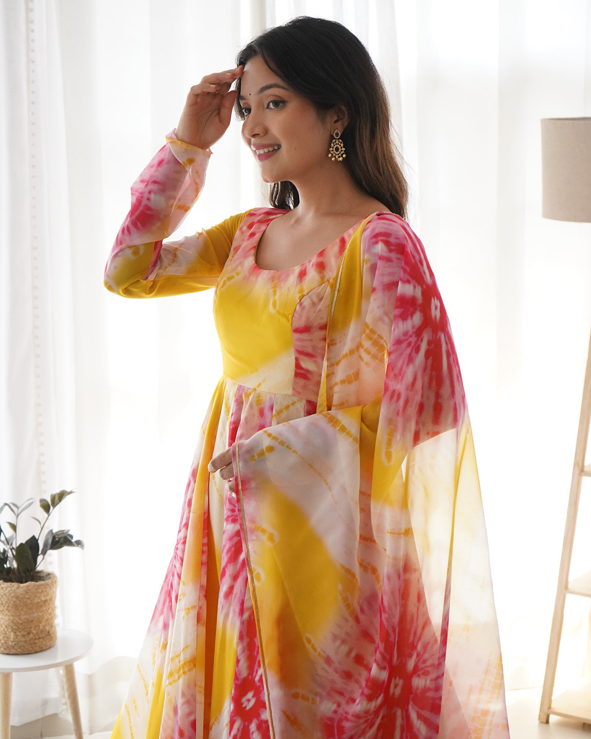 Lorenvalley Fashion Women Pure Soft Organza Silk Print With Kali Pattern Fully Flair Anarkali With Pant Dupatta Set - Yellow | Swadesiicart