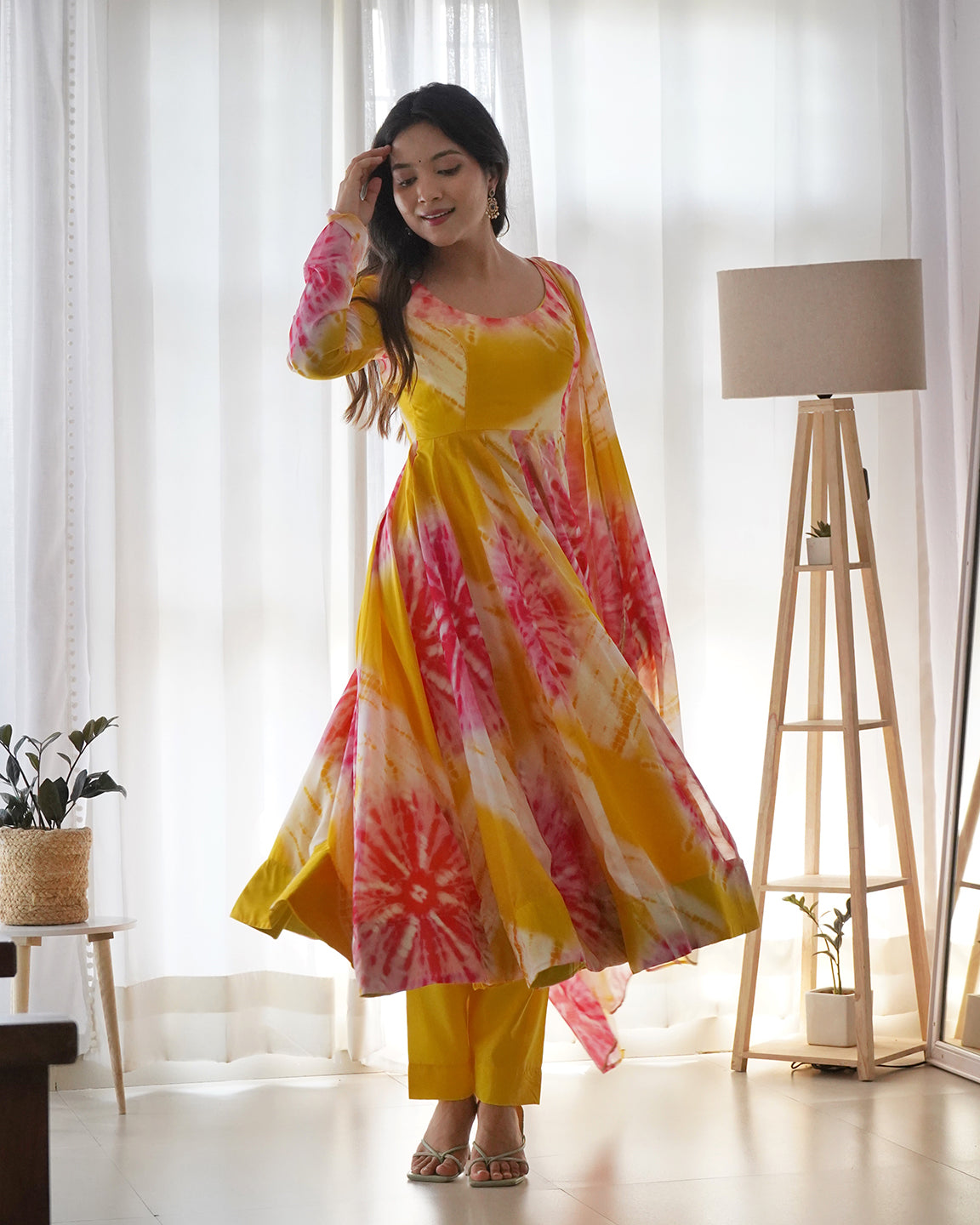 Lorenvalley Fashion Women Pure Soft Organza Silk Print With Kali Pattern Fully Flair Anarkali With Pant Dupatta Set - Yellow | Swadesiicart