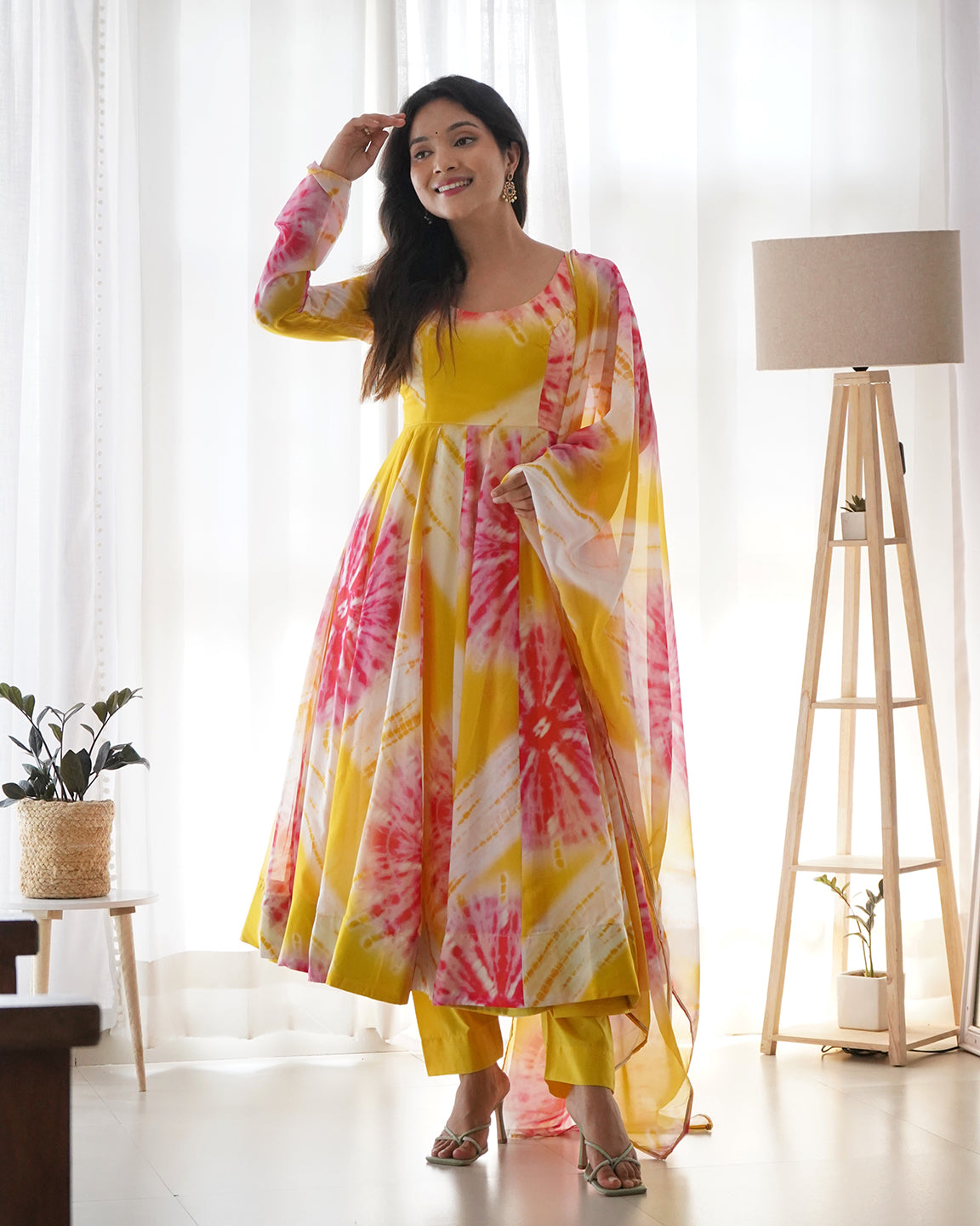 Lorenvalley Fashion Women Pure Soft Organza Silk Print With Kali Pattern Fully Flair Anarkali With Pant Dupatta Set - Yellow | Swadesiicart