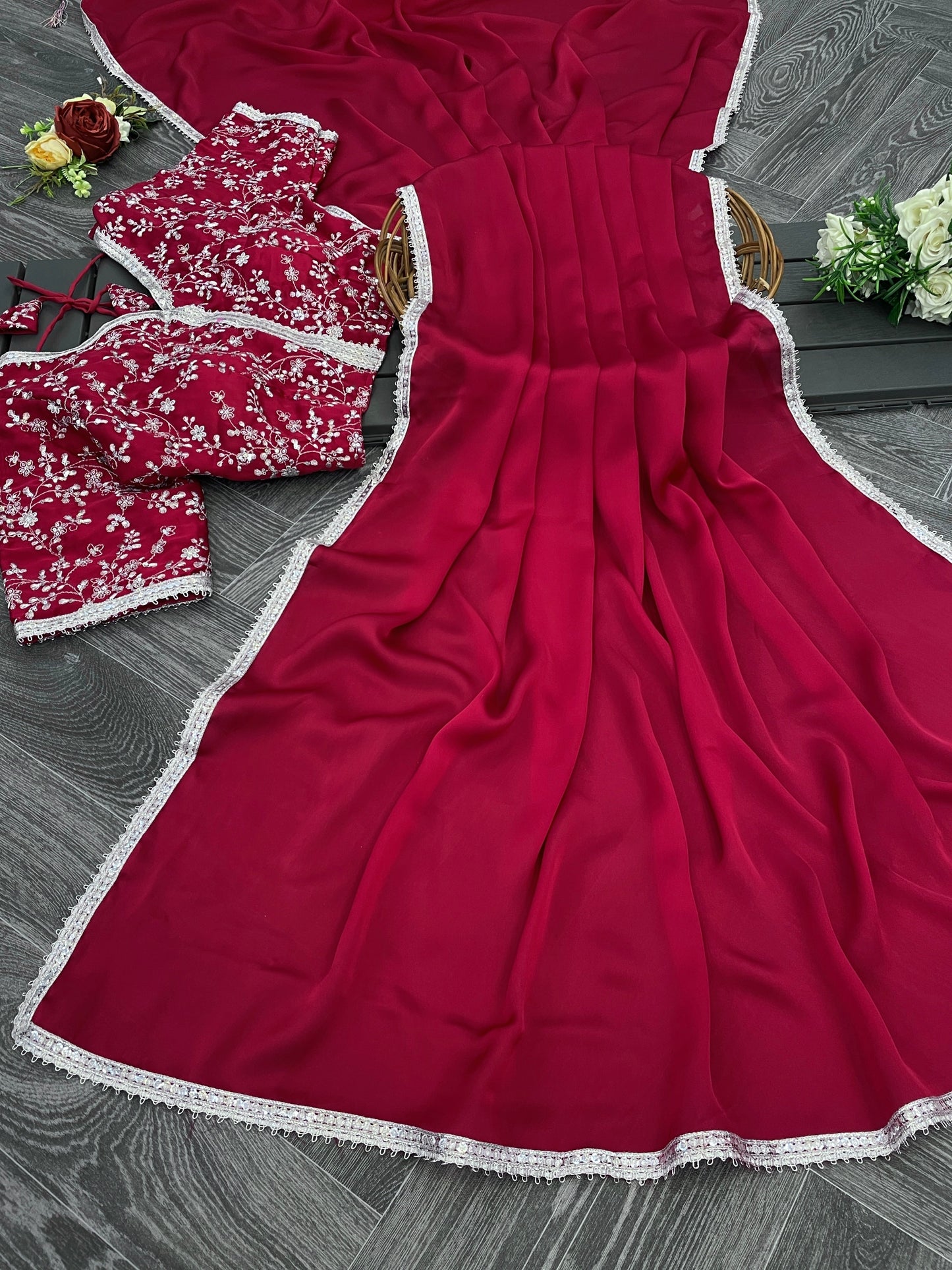 Lorenvalley Fashion Premium Magenta Georgette Satin Saree with Stitched Embroidery Blouse - Swadesiicart