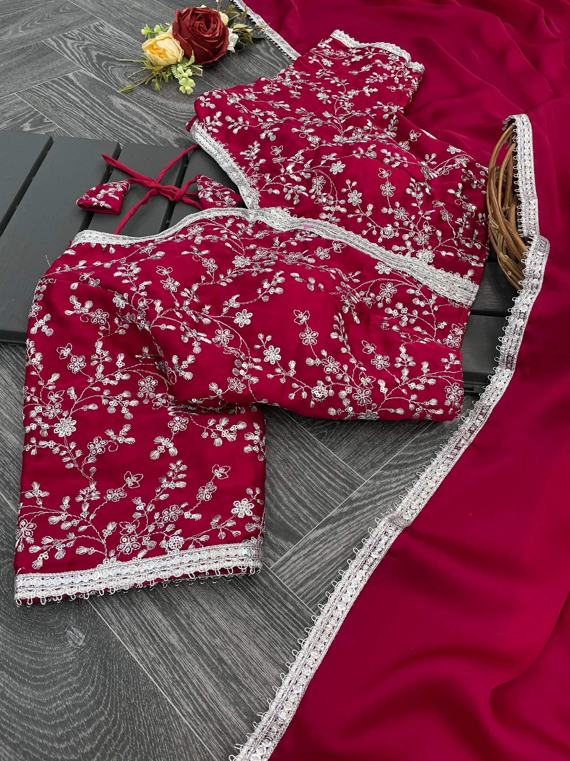 Lorenvalley Fashion Premium Magenta Georgette Satin Saree with Stitched Embroidery Blouse - Swadesiicart
